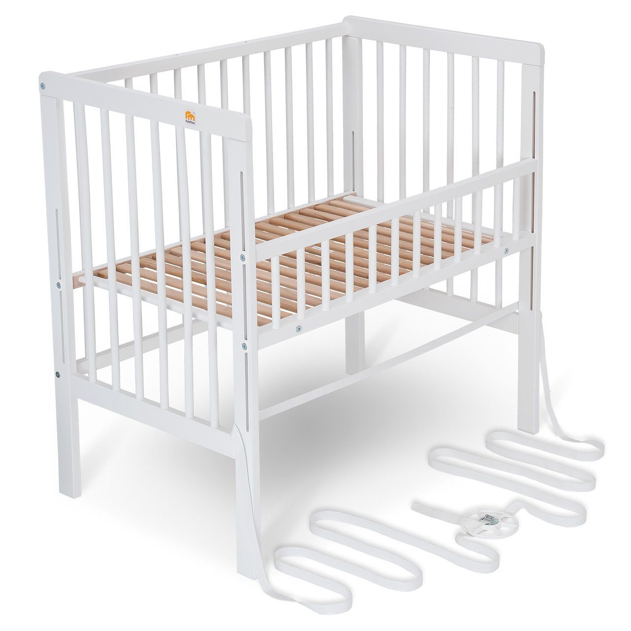 FabiMax Beistellbett Boxspring FIX, weiß lackiert, mit 12cm Rausroll-Schutzgitter, Matratze und Netz-Nestchen