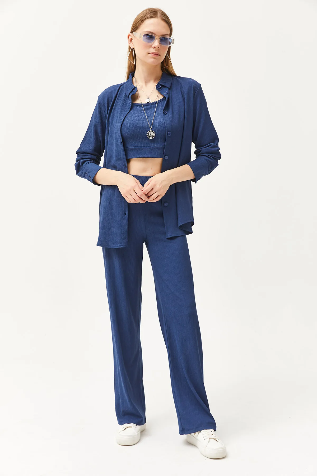 Olalook  Damen Indigo Hemdbluse Hose 3-teiliges Set TKM-19000270