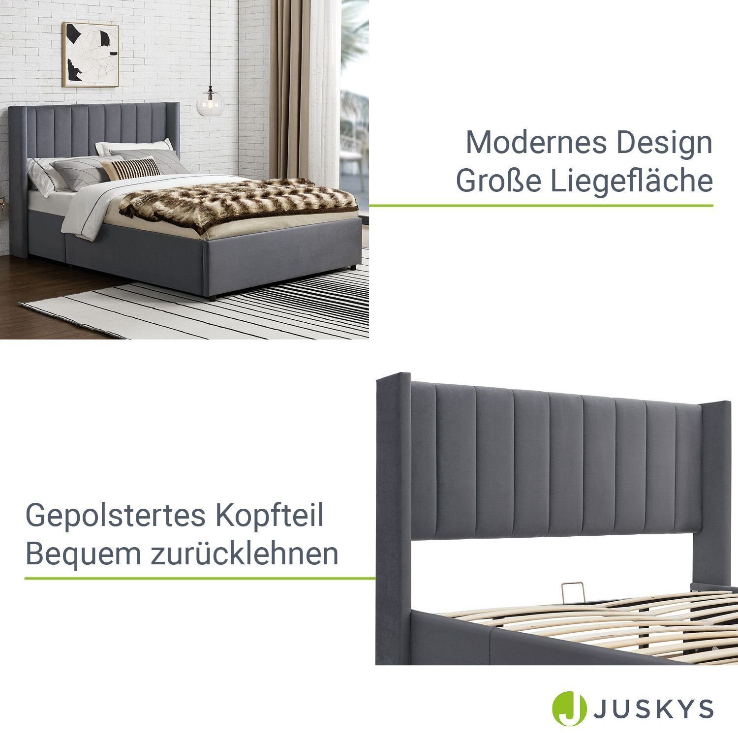 Juskys Polsterbett Savona, großer Bettkasten, mit Gasdruckfeder, weicher Samt-Bezug
