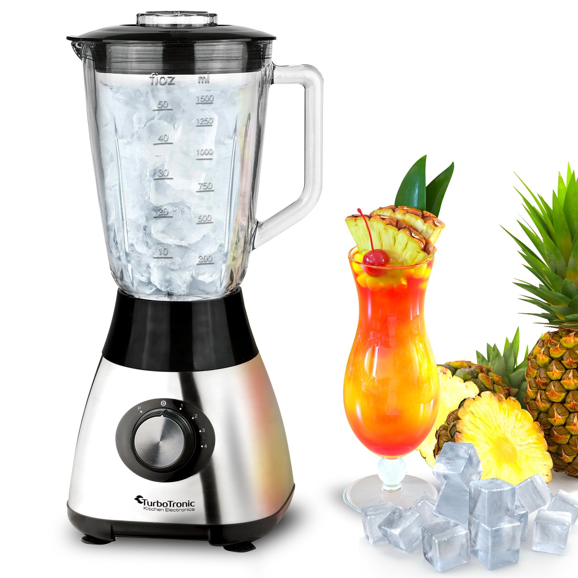 TurboTronic by Z-Line Standmixer BG5 - 1200 Watt mit 1,5L Glasbehälter, 1200 W, Edelstahl Glas Smoothie Mixer Maker Ice Crush Funktion Blender