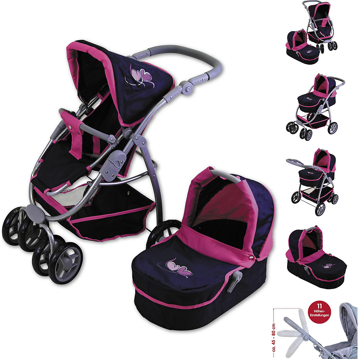 Kombi-Puppenwagen Coco - flying hearts blue pink