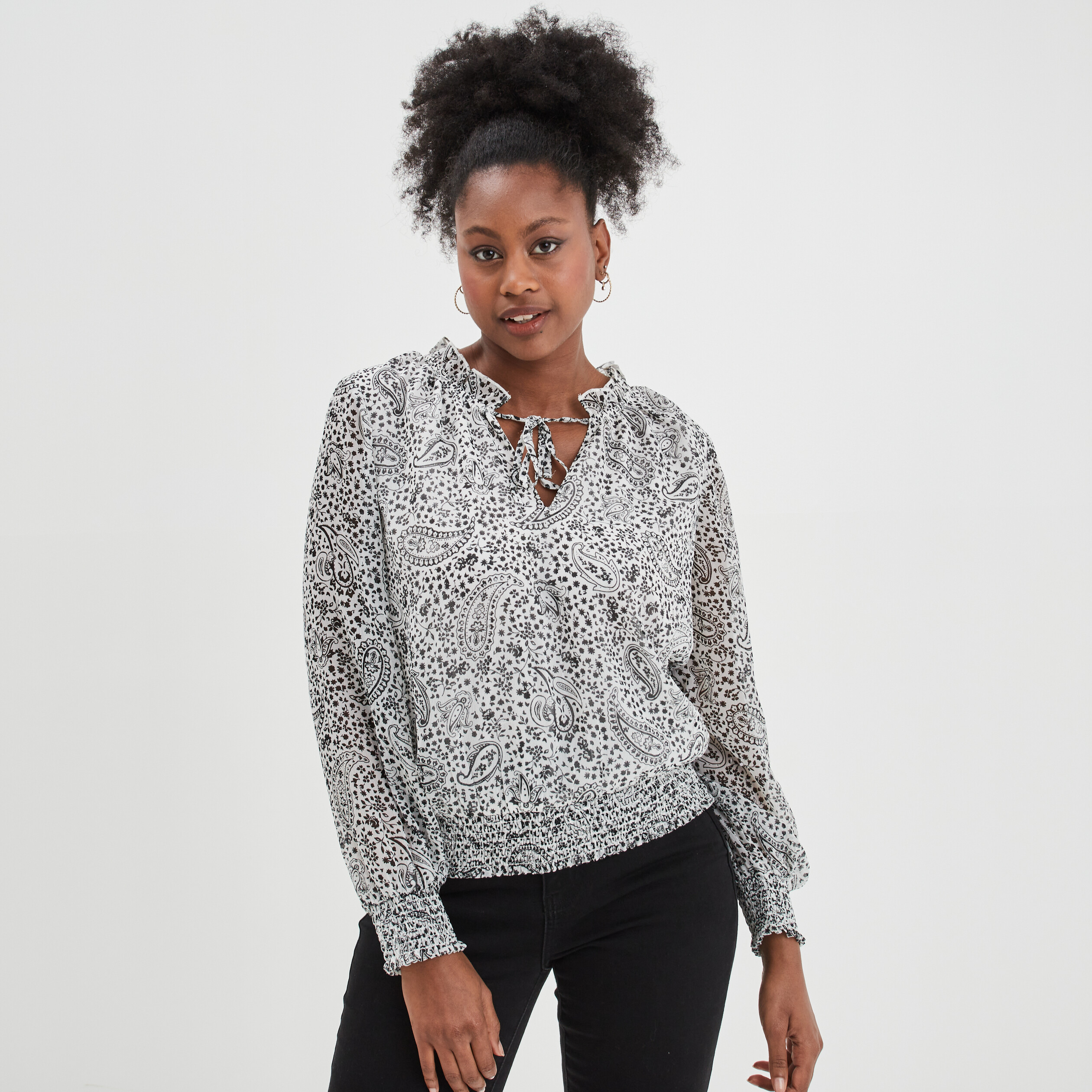 Blouse manches longues col montant ecru femme | La Halle
