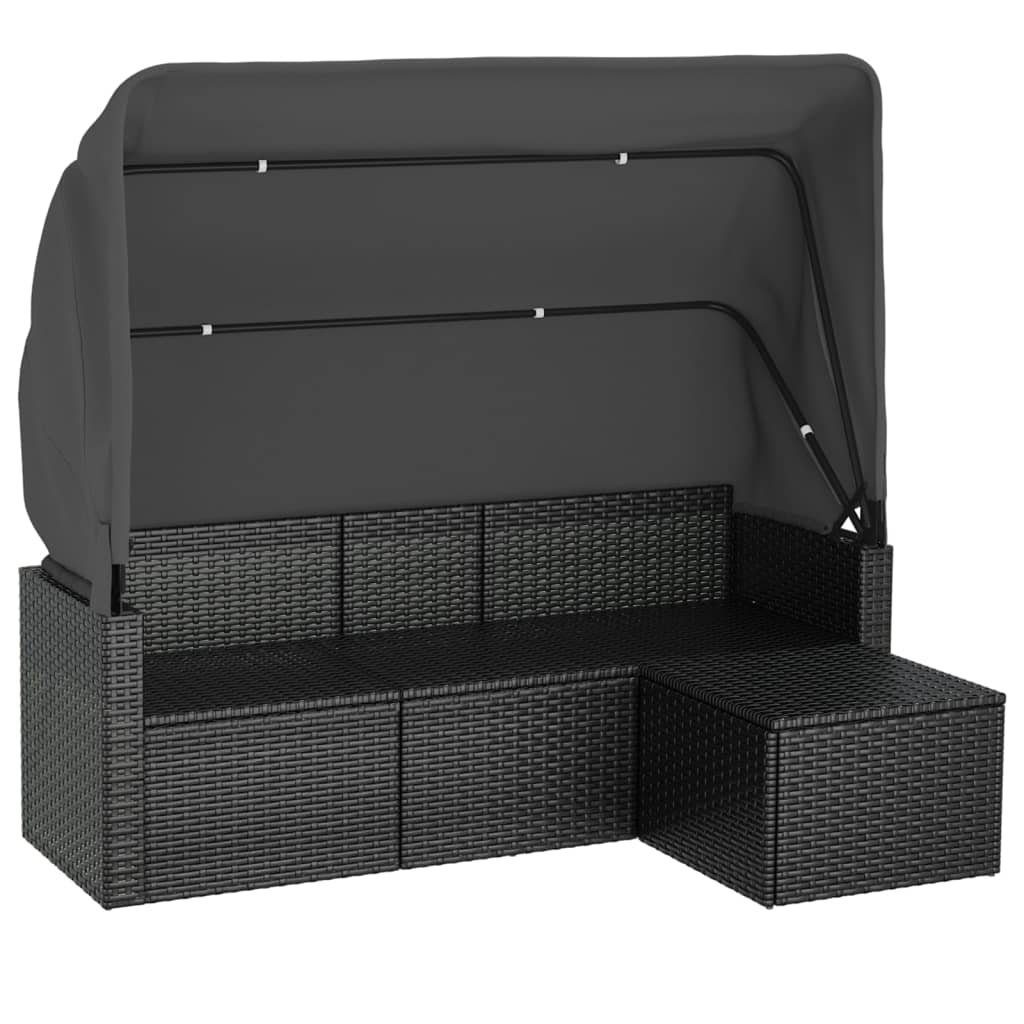 vidaXL Loungesofa 3-Sitzer-Gartensofa mit Dach und Fußhocker Schwarz Poly Rattan, 1 Teile