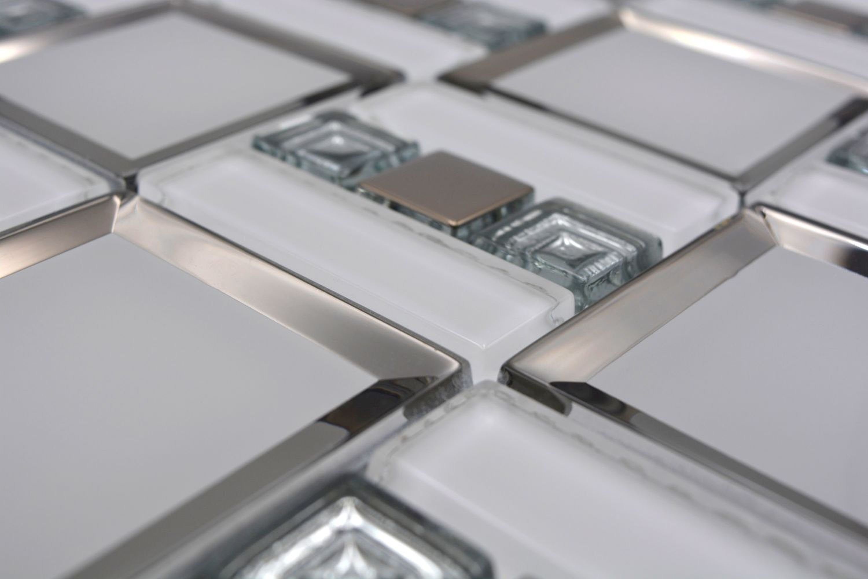 Mosani Mosaikfliesen Glasmosaik Mosaikfliese weiss silber glänzend Wand Küche