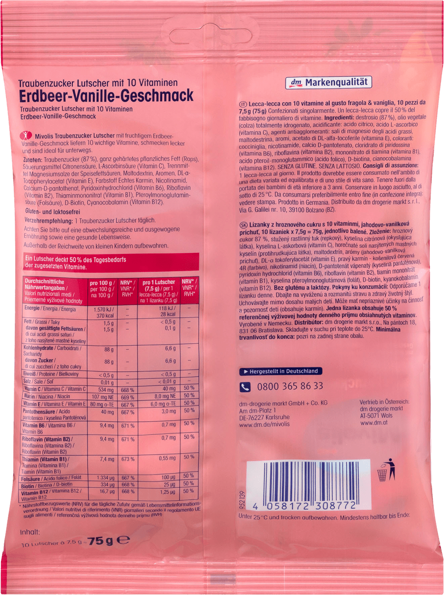 Traubenzucker, Lutscher Erdbeer-Vanille für Kinder, 75 g
