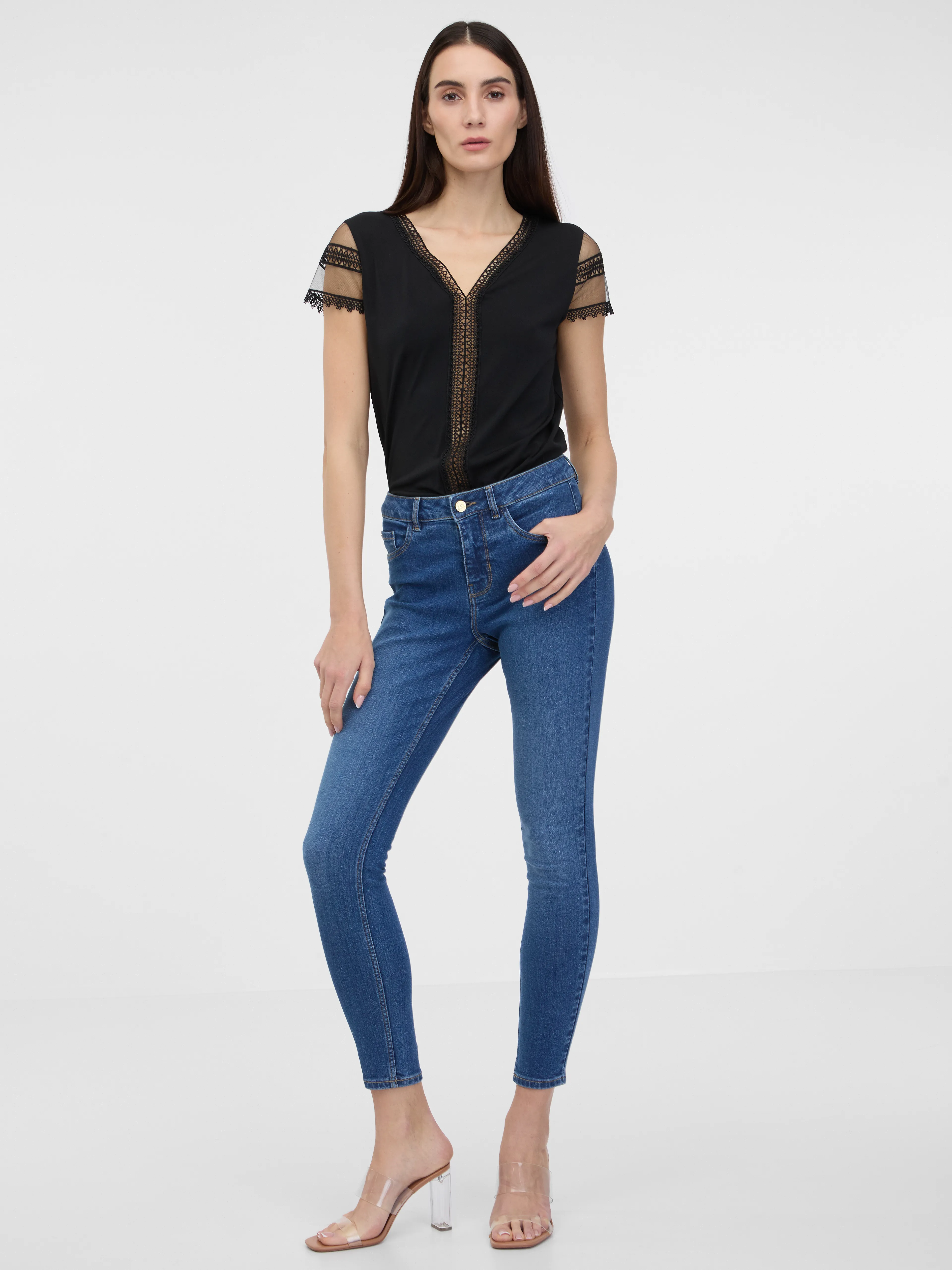 Schwarzes Damen-T-Shirt mit kurzen Ärmeln ORSAY