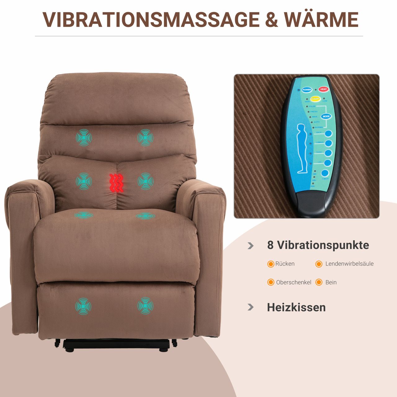 HOMCOM Fernsehsessel mit Massagefunktion Aufstehhilfe Fernbedienung Heizung elektrisch Liegefunktion Polyester-Gewebe Metall Hellbraun 79 x 97 x 103 cm