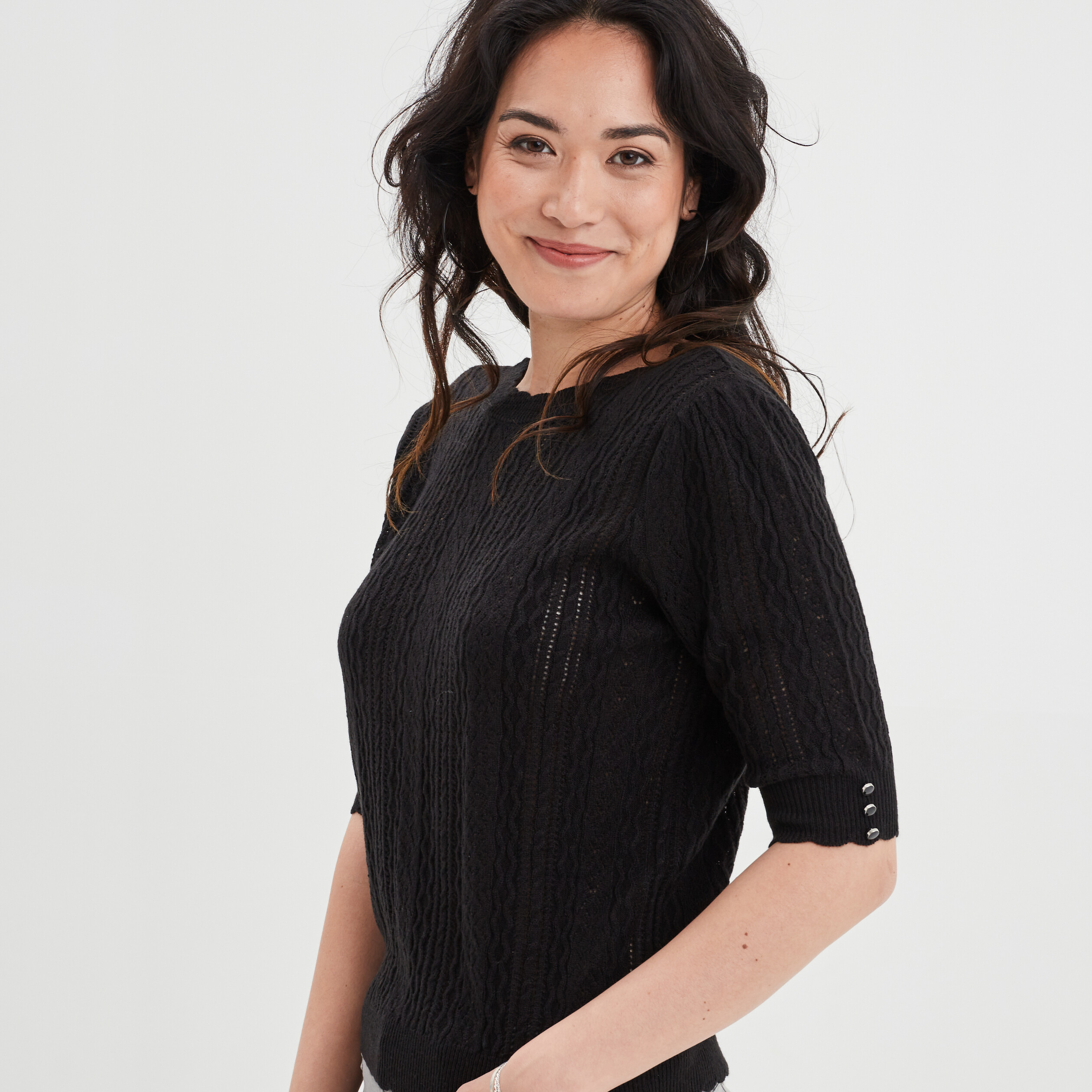 Pull dos ouvert ajouré manches 3 4 noir femme | La Halle