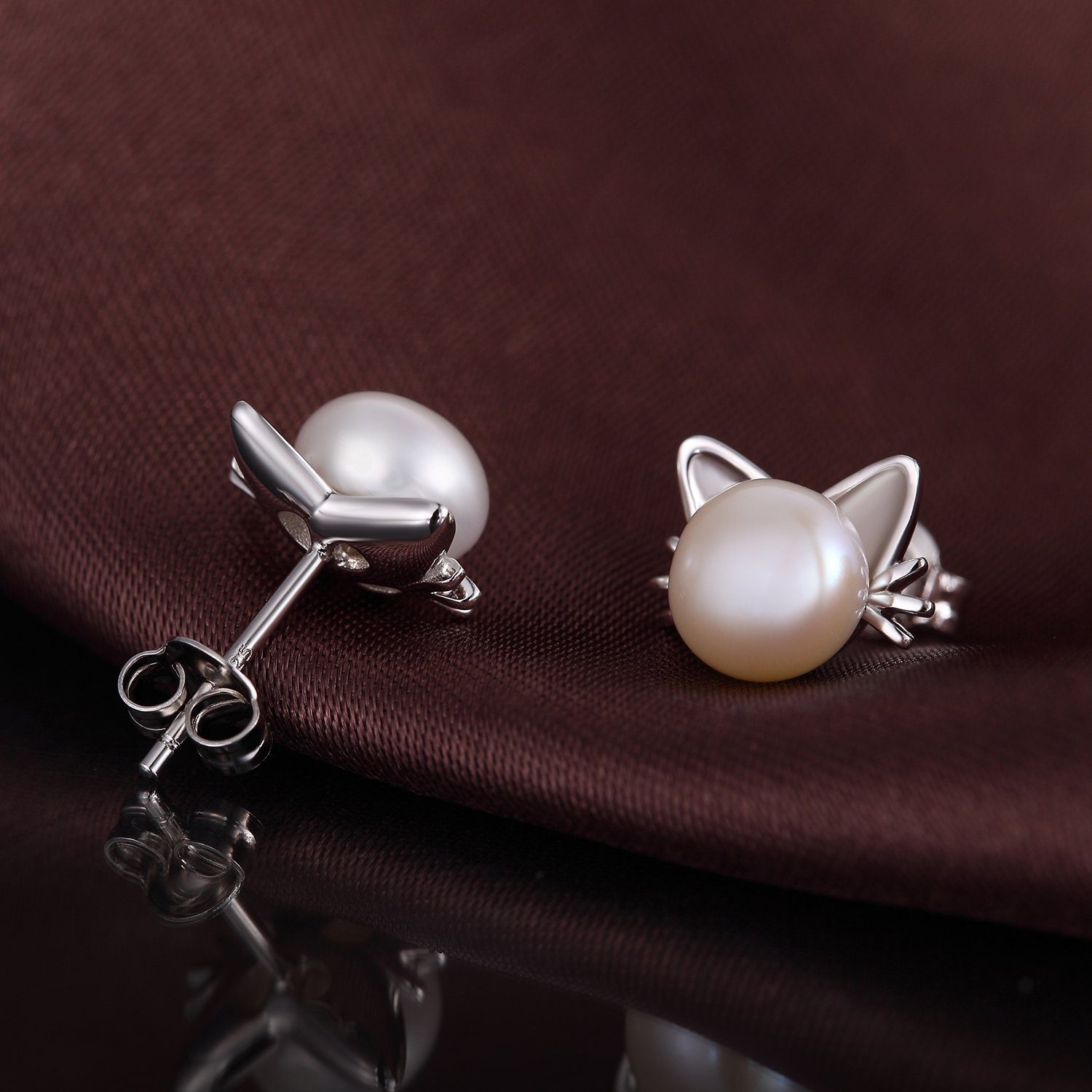 POCHUMIDUU Paar Ohrstecker 925 Sterling Silber Katze Süßwasserperlen Ohrstecker Kinderohrringe (2-tlg), 925 Silberschmuck für Frauen, Niedliche Kinder-Ohrringe