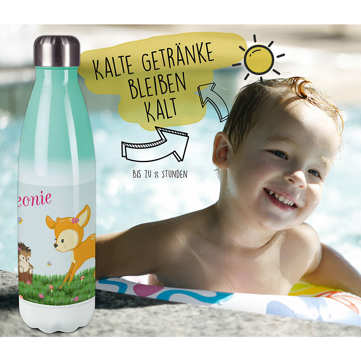 Edelstahl Kinder Thermoflasche / Trinkflasche bunt Reh Spülmaschinenfest, Auslaufsicher, Bruchfest, Doppelwandig, Für Heißgetränke geeignet, Mit Deckel, Isoliert