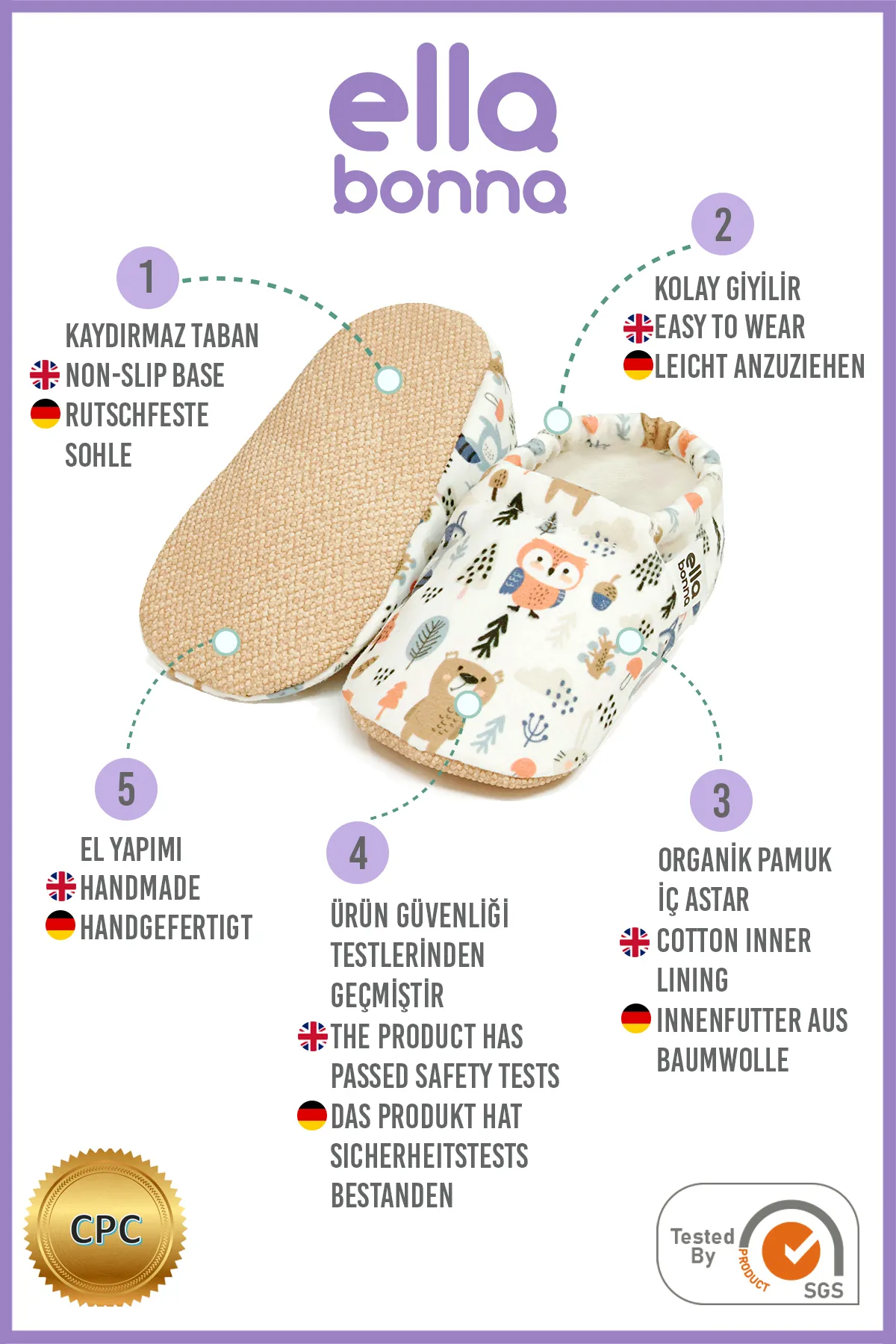 Ella Bonna  Rutschfeste Sohle, Waldtiere, Babyschuhe, Heimstiefel, Hausschuhe, Kinderzimmerschuhe, Hausschuhe