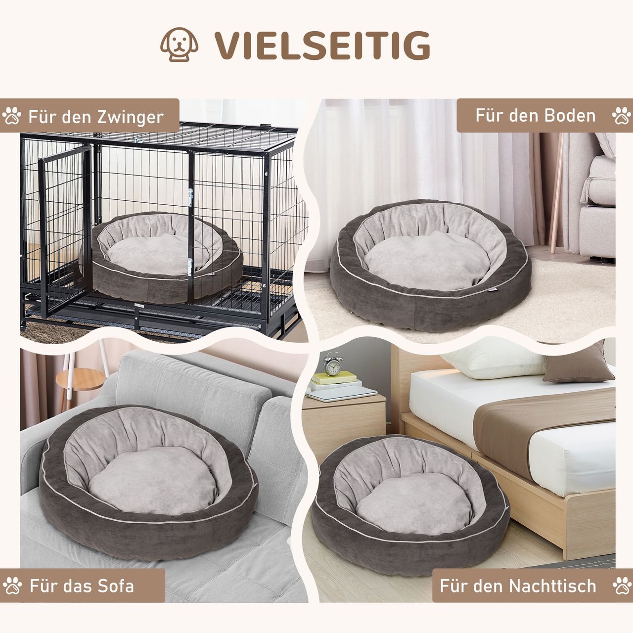 PawHut Hundebett Hundematte Hundekissen Hundematratze rundes Tierbett Hundesofa Haustierbett für Hunde Katzen Leinenartiges Polyester Dunkelgrau Creamweiß 85 x 85 x 35 cm