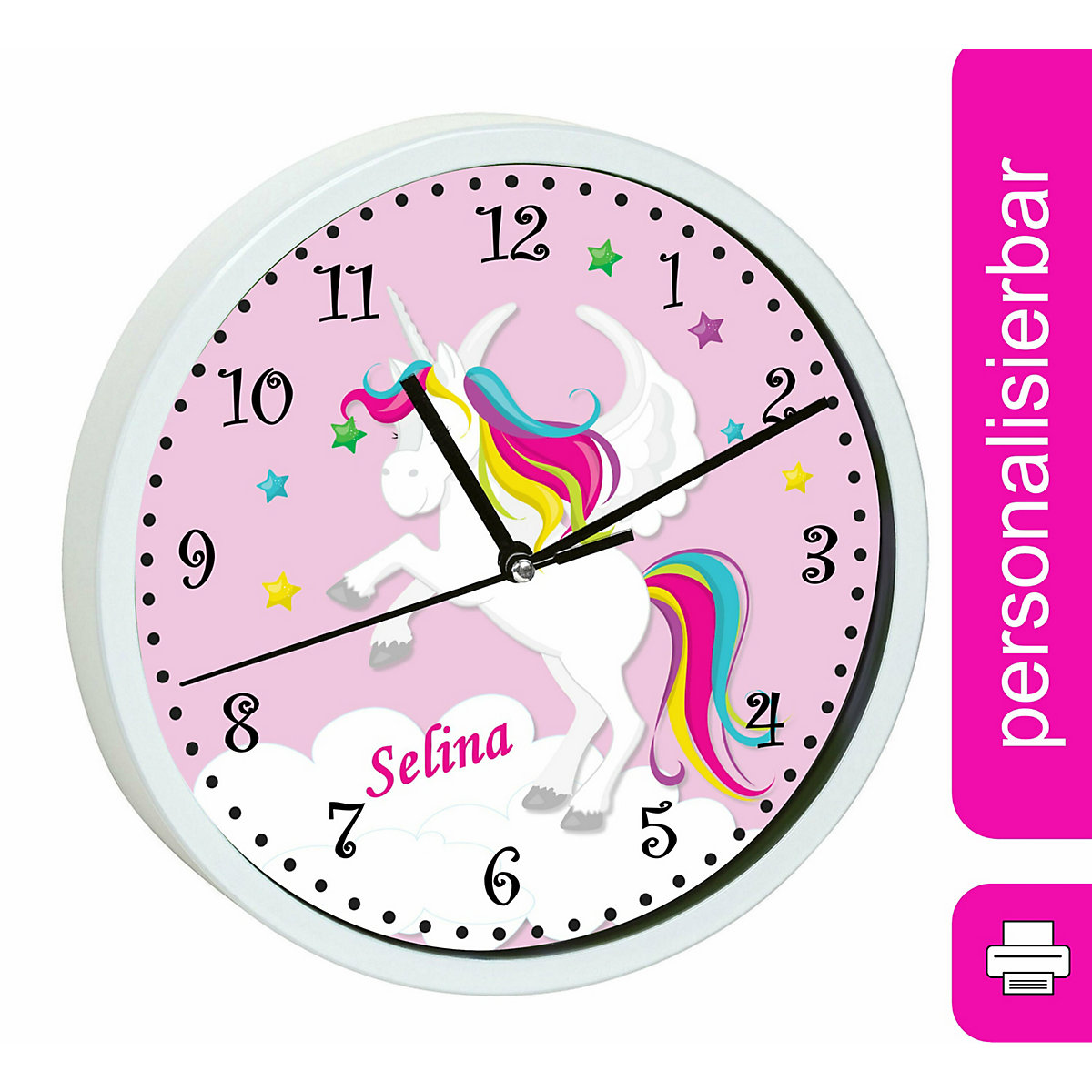 Kinder Wanduhr personalisiert mit Name Pegasus Rosa
