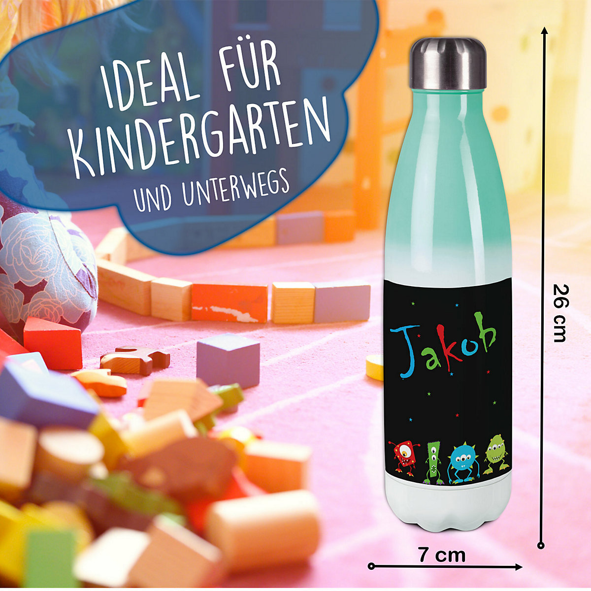 Edelstahl Kinder Thermoflasche / Trinkflasche bunt Monsterparade Spülmaschinenfest, Auslaufsicher, Bruchfest, Doppelwandig, Für Heißgetränke geeignet, Mit Deckel, Isoliert