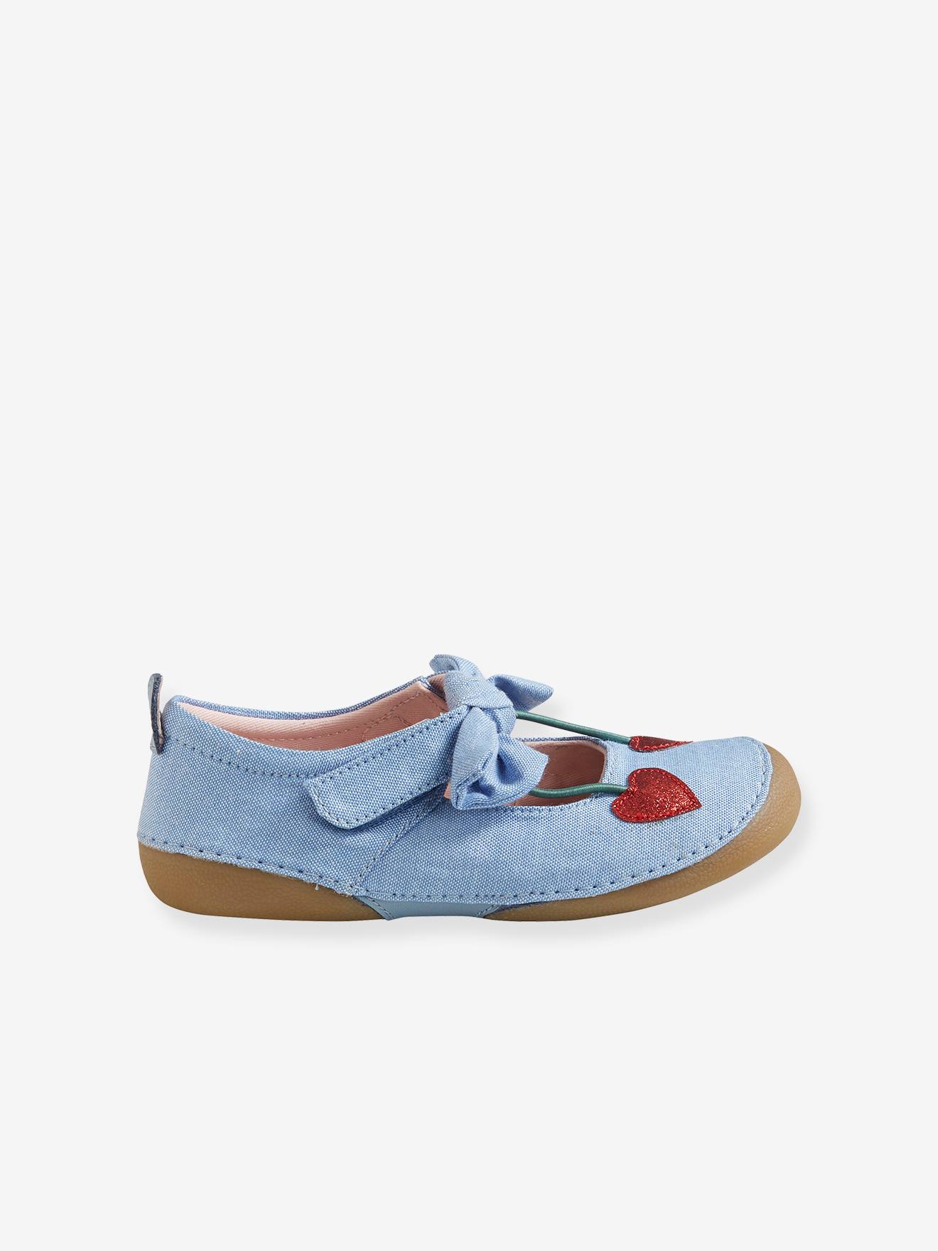 Chaussons scratchés fille en toile bleu clair denim