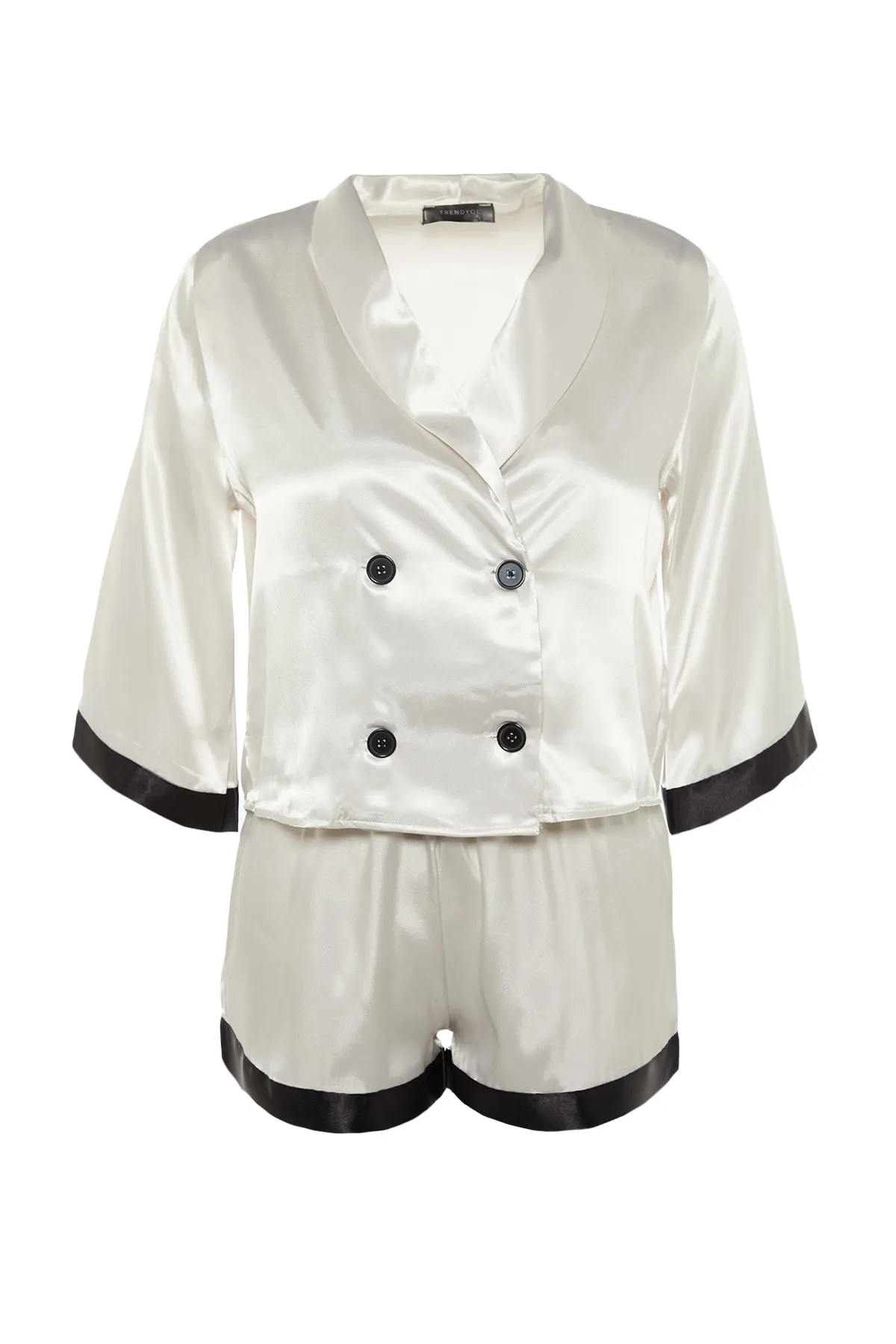 Trendyol Collection  Ecru gestreiftes Satin-Hemd-Shorts-Web-Pyjama-Set THMSS22PT0627