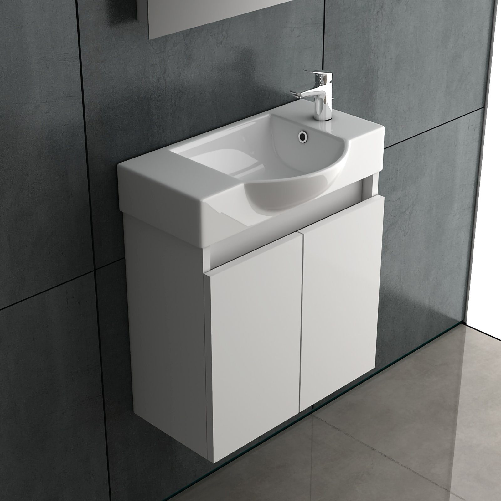 Alpenberger Waschbecken Badmöbel SET 55 cm Breit - Waschtisch mit Unterschrank in Weiß (Komplett-Set Vormontiert für Gäste WC & Bad, 2-St., 2-tlg. Stauraum Schrank), Soft-Close Schrank 2-türig, pflegeleichtes Keramik Becken