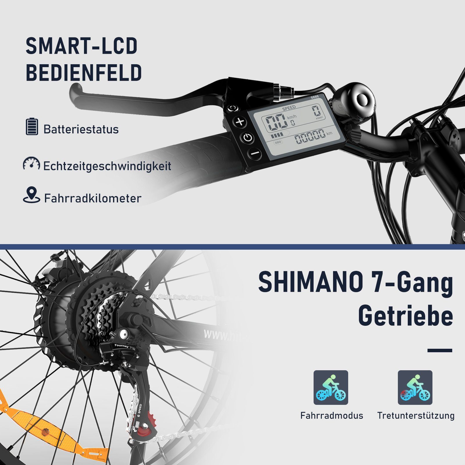 HITWAY E-Bike 26 Zoll x 4,0 fette Reifen MTB 48V 15 Ah Elektrofahrrad,Shimano, MTB, 7 Gang Shimano, Kettenschaltung, Heckmotor, für Damen und Herren 170 - 200 cm, mit Fahrradschloss und Pumpe