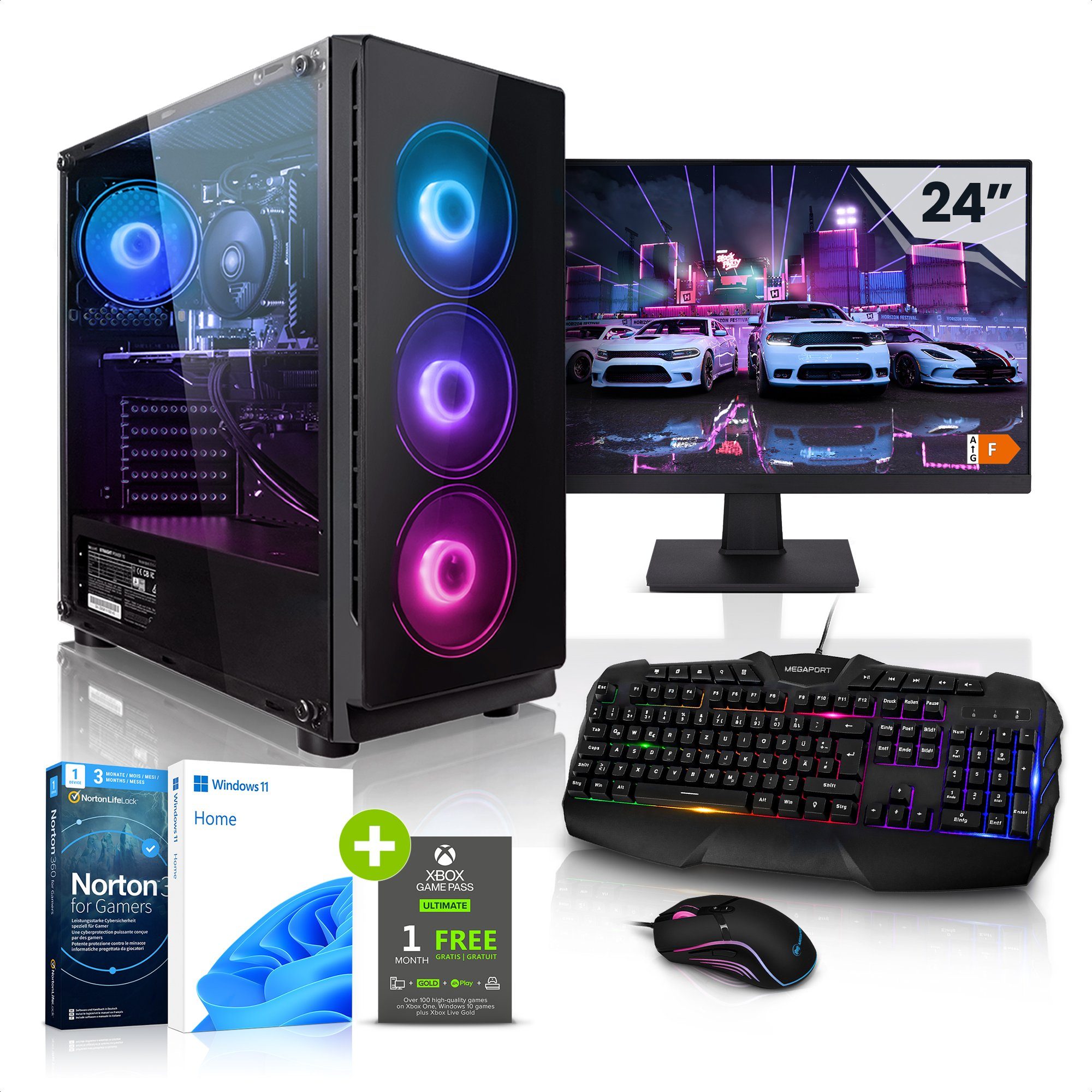 Megaport Gaming-PC (24 Zoll, Intel Core i5-12400F 6x2,50 GHz 12400F, GeForce RTX 4060, 16 GB RAM, 1000 GB SSD, Luftkühlung, Windows 11, WLAN)