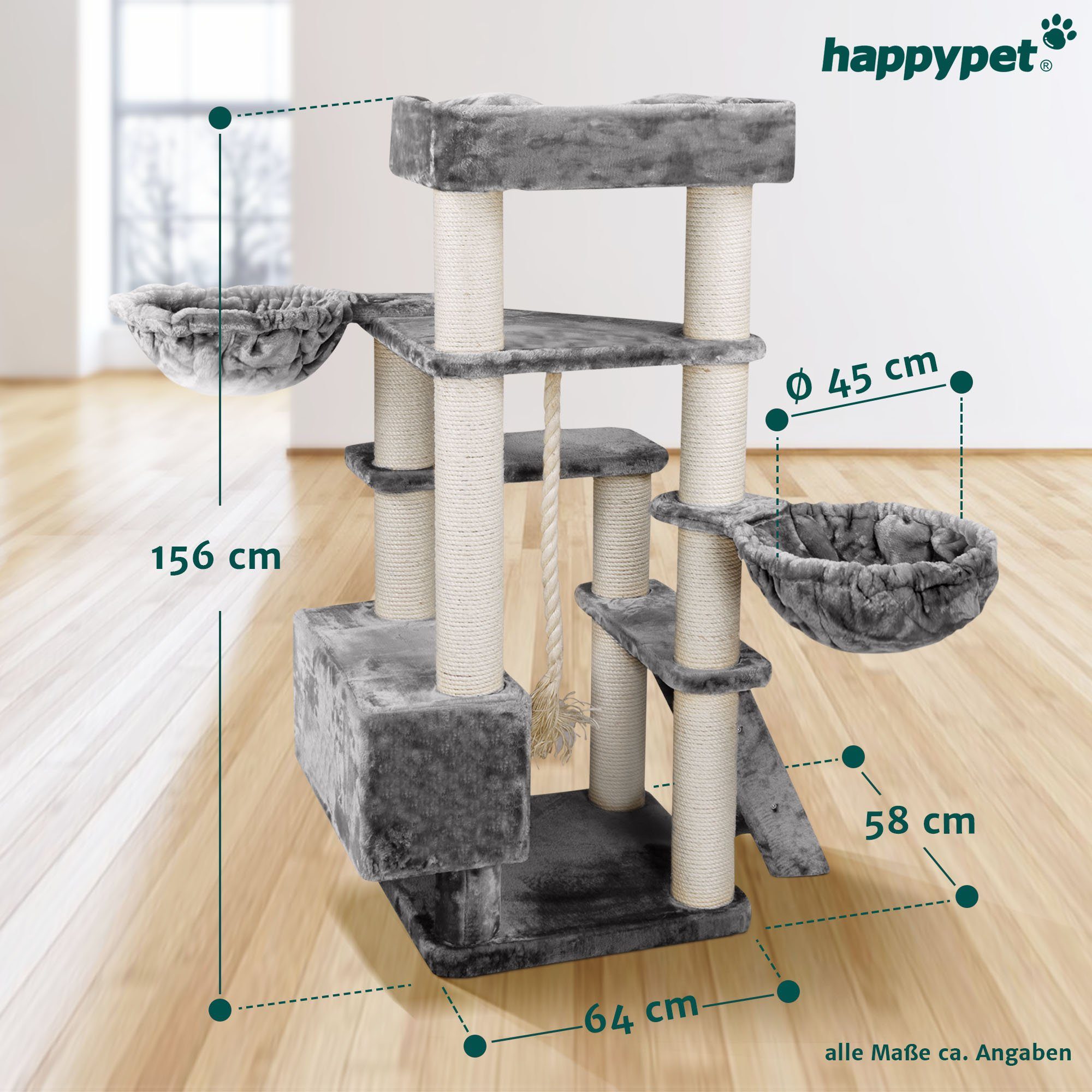 Happypet Kratzbaum MC1500, 156 cm hoch, 12 cm Dicke Sisalstämme, geprüftes Holz