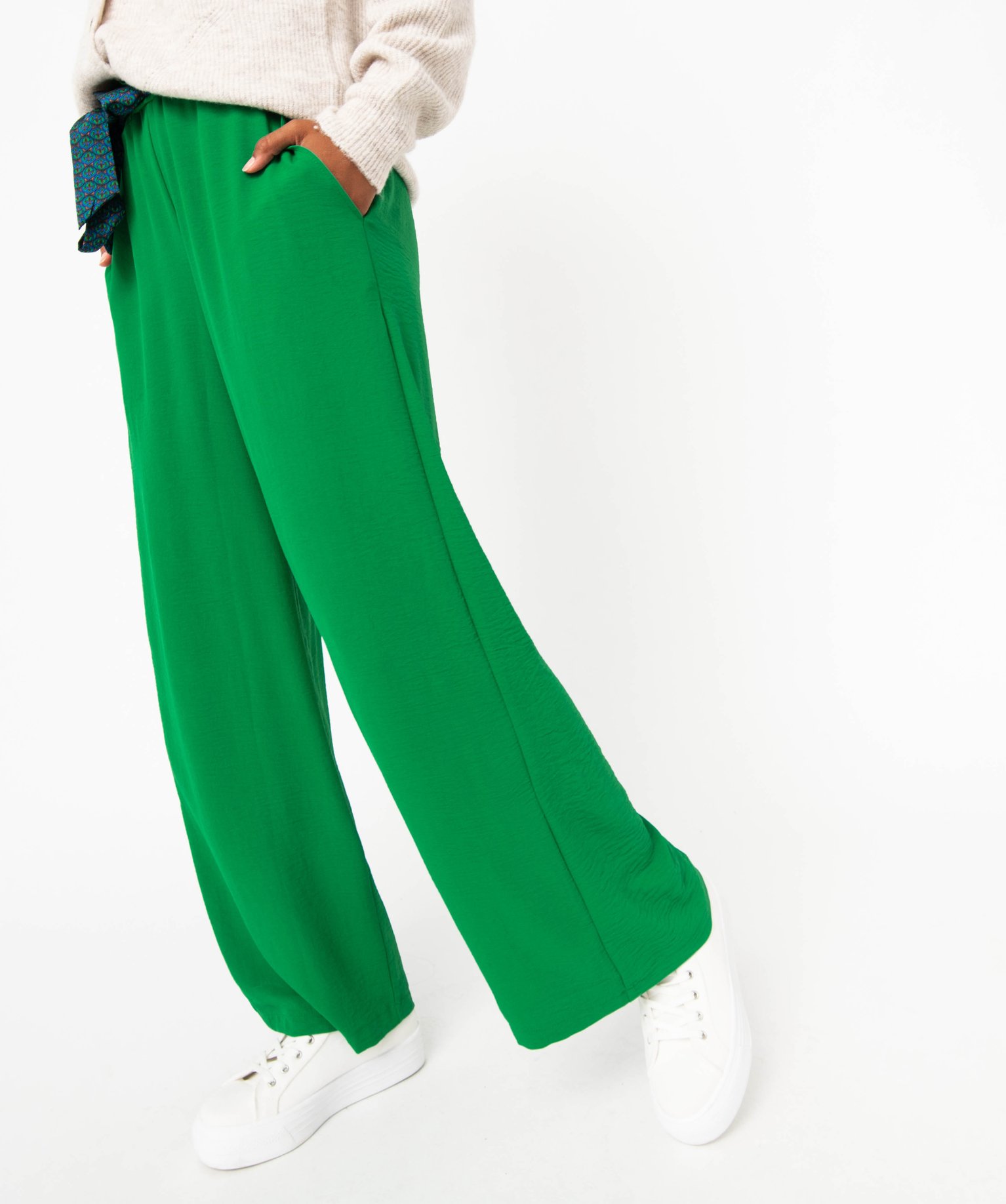Pantalon en maille fluide avec ceinture imprimée femme vert | GEMO