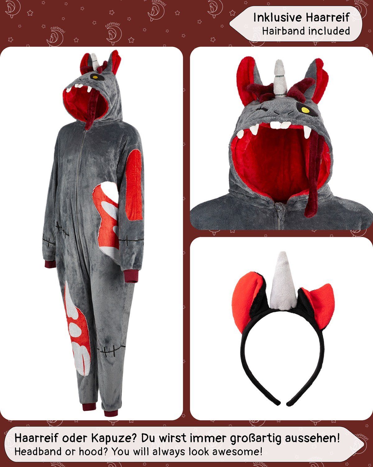 Corimori Jumpsuit Flauschiges Zombie Einhorn Kostüm für Kinder (2-tlg) mit Haarreif, Onesie, Mädchen, Jungen, Karneval, Fasching, Halloween