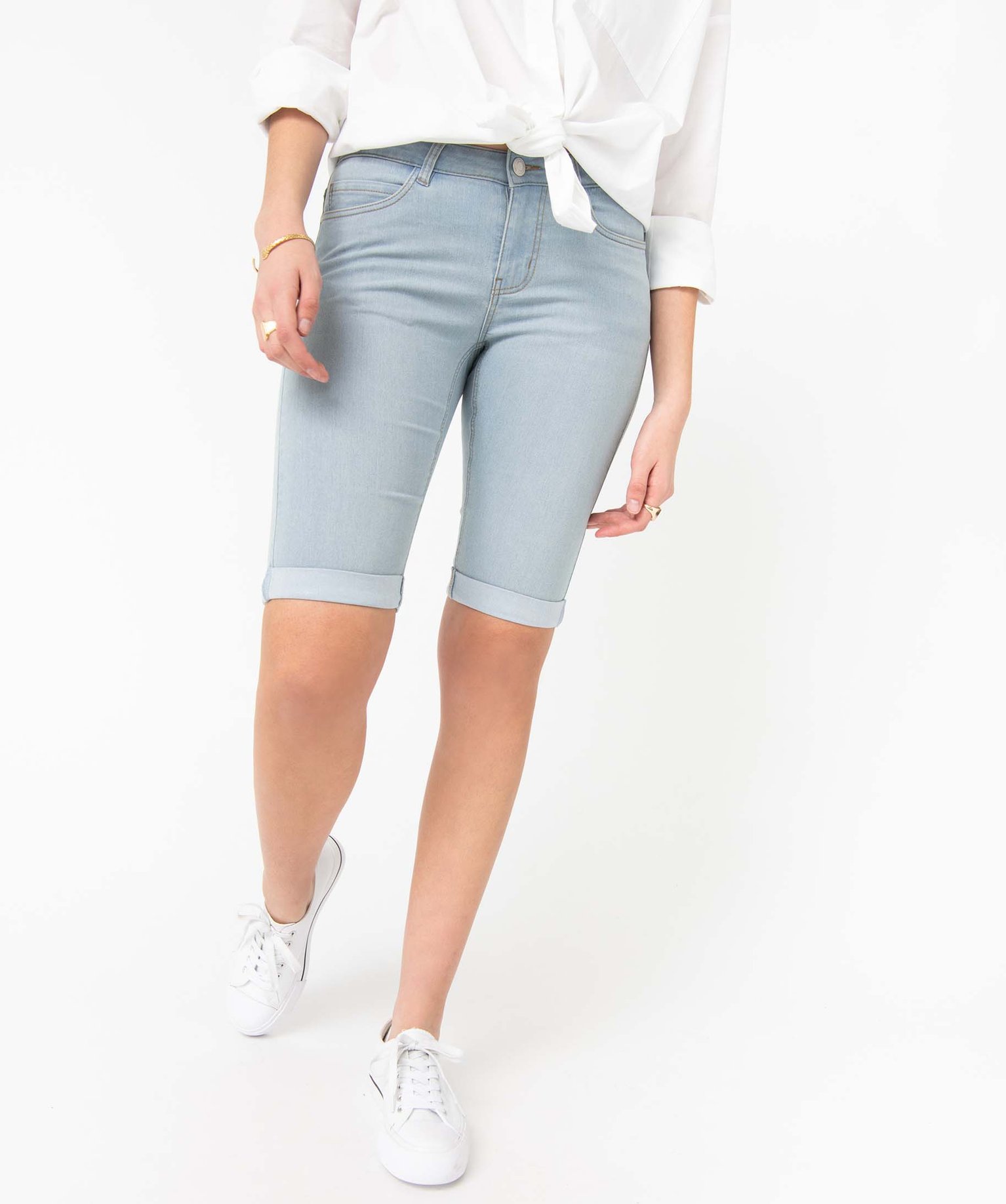 Bermuda femme en jean avec revers bleach | GEMO