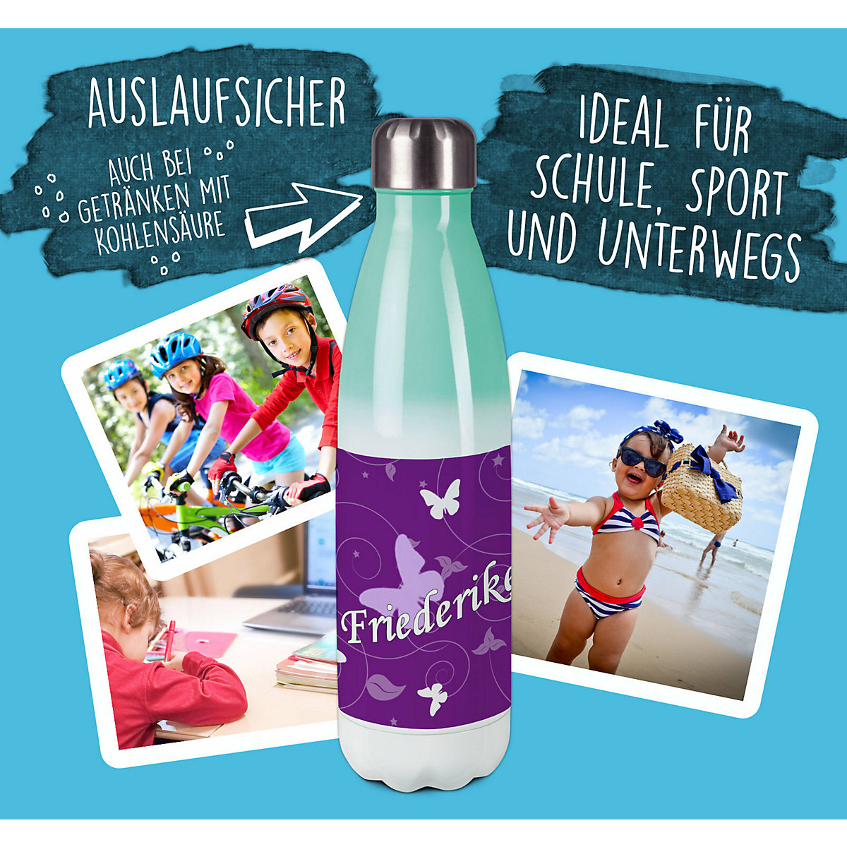 Edelstahl Kinder Thermoflasche / Trinkflasche bunt Schmetterling Ornamente Farbe lila Spülmaschinenfest, Auslaufsicher, Bruchfest, Doppelwandig, Für Heißgetränke geeignet, Mit Deckel, Isoliert