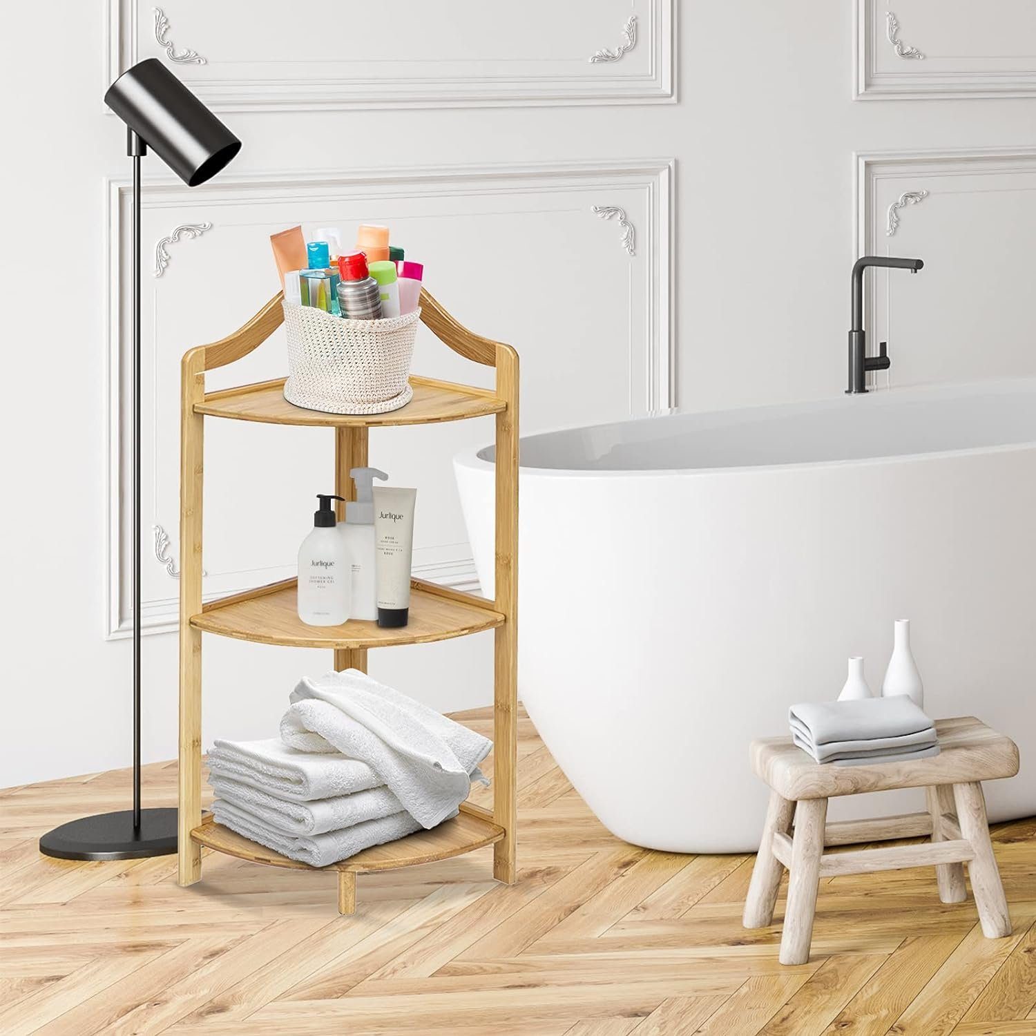 KOMFOTTEU Eckregal Standregal, mit 3 Etagen, aus Bambu, 33 × 33 × 85 cm