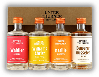 Unterthurner Destillate Selection Mignon 4x0,05 Liter Waldler, Williams Christ, Marille, Bauernnusseler Unterthurner Destillate Selection Mignon 4x0,05 Liter Waldler, Williams Christ, Marille, Bauernnusseler Ein schönes Geschenk für Liebhaber der Unt