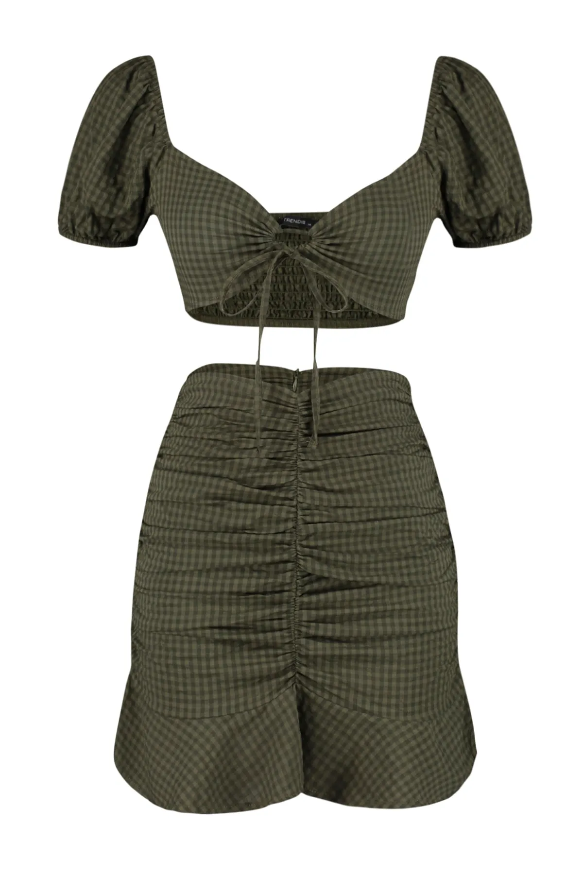 Trendyol Collection  Khakifarbenes, gewebtes, gerafftes Blusen-Rock-Set TBESS23AU00127