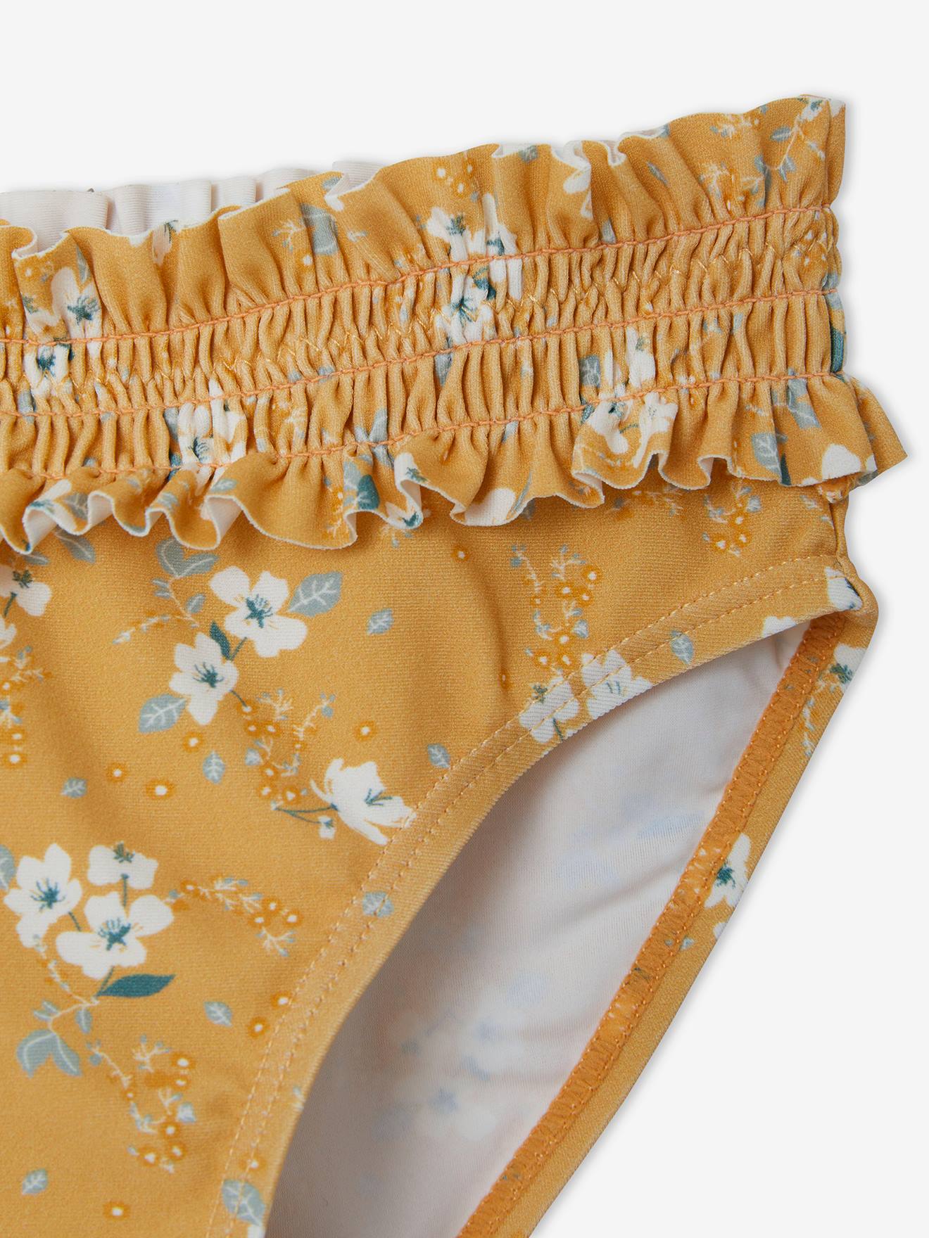 Maillot de bain 2 pièces imprimé fleurs fille + chouchou assorti jaune ambre imprimé