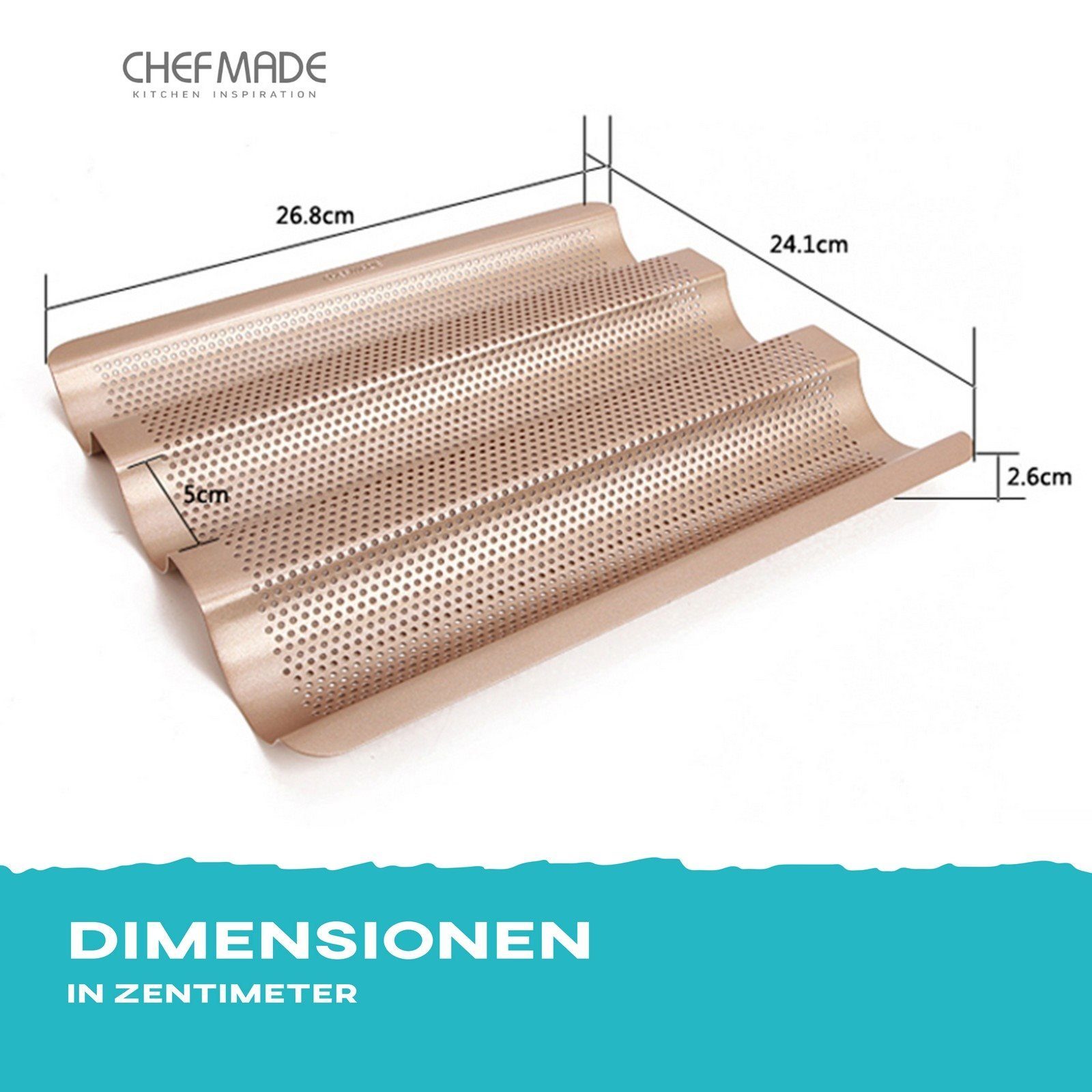 Chefmade Baguetteblech Backblech, Karbonstahl, (CHEFMADE, 3 Mulden Baguetteblech, 270x242x22mm, Champagnergold, antihaft- & silikonbeschichtet, Baguetteform, Ciabatta Backform, Backblech, Brötchenblech, perforiert, Karbonstahl, 1-St., Premium), Brotb