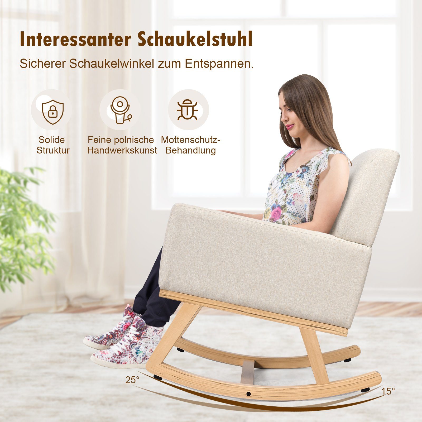 COSTWAY Schaukelstuhl, gepolstert, aus Massivholz, bis 120kg belastbar