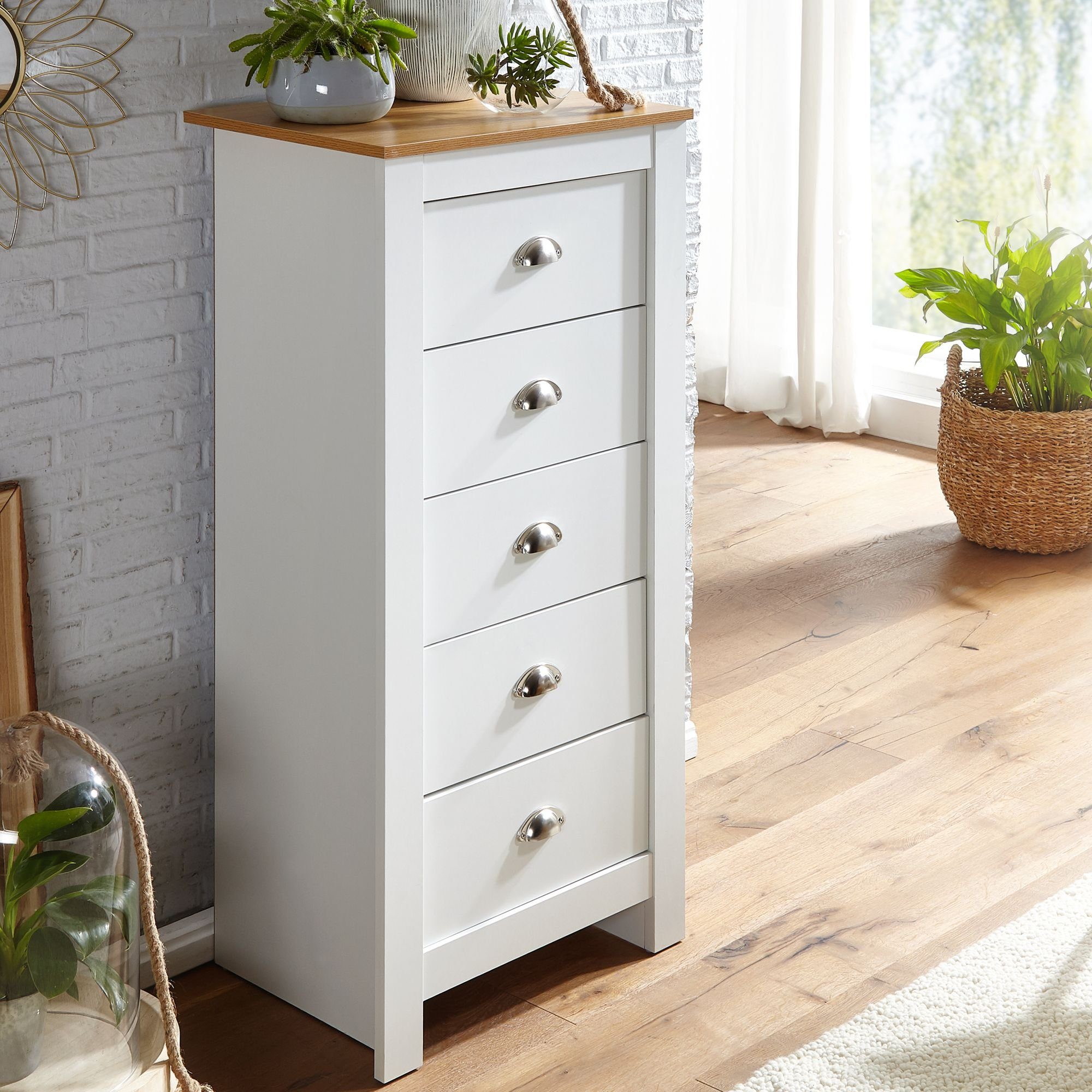 FINEBUY Kommode FB71920 (5 Schubladen 53x114x39 cm Sideboard Weiß / Eiche), Design Anrichte Modern, Schubladenkommode Hoch