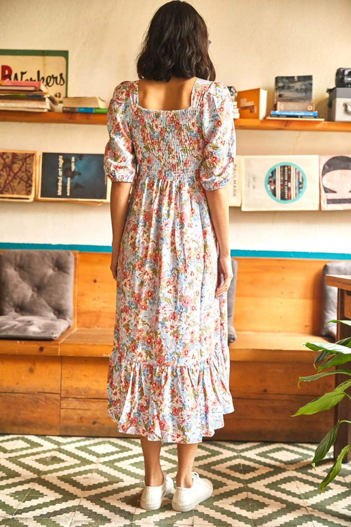 Olalook  Lässiges, gewebtes Viskosekleid mit Gimped-Muster für Damen in Blau und Rosa ELB-19001483