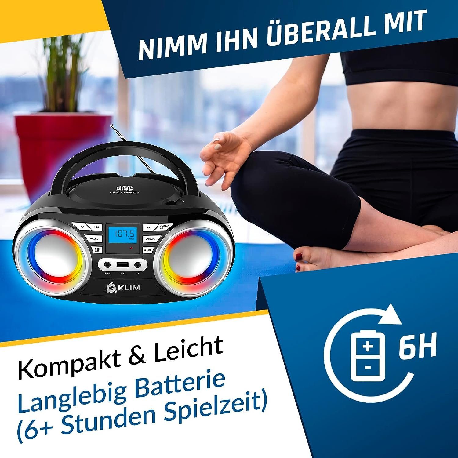 KLIM Boombox B3 Stereo-CD Player (Tragbarer CD Player, FM Radio, MP3, kabelloser Betrieb mit wiederaufladbaren Akku, Digitaler EQ)