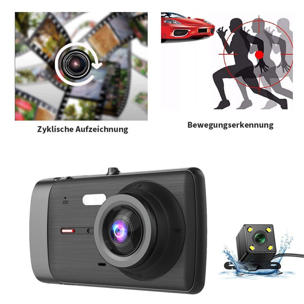 yozhiqu Auto-High-Definition-4-Zoll-Fahrrekorder mit Saugnapf Dashcam (Hochauflösendes 1080P-Nachtsicht-Rückfahrbild mit zwei Linsen)