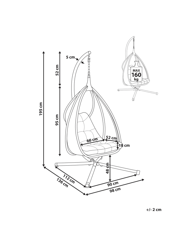 Beliani Hängesessel AVEGNO in Grau - (W) 98 x (H) 195 x (L) 136 cm günstig kaufen onesize