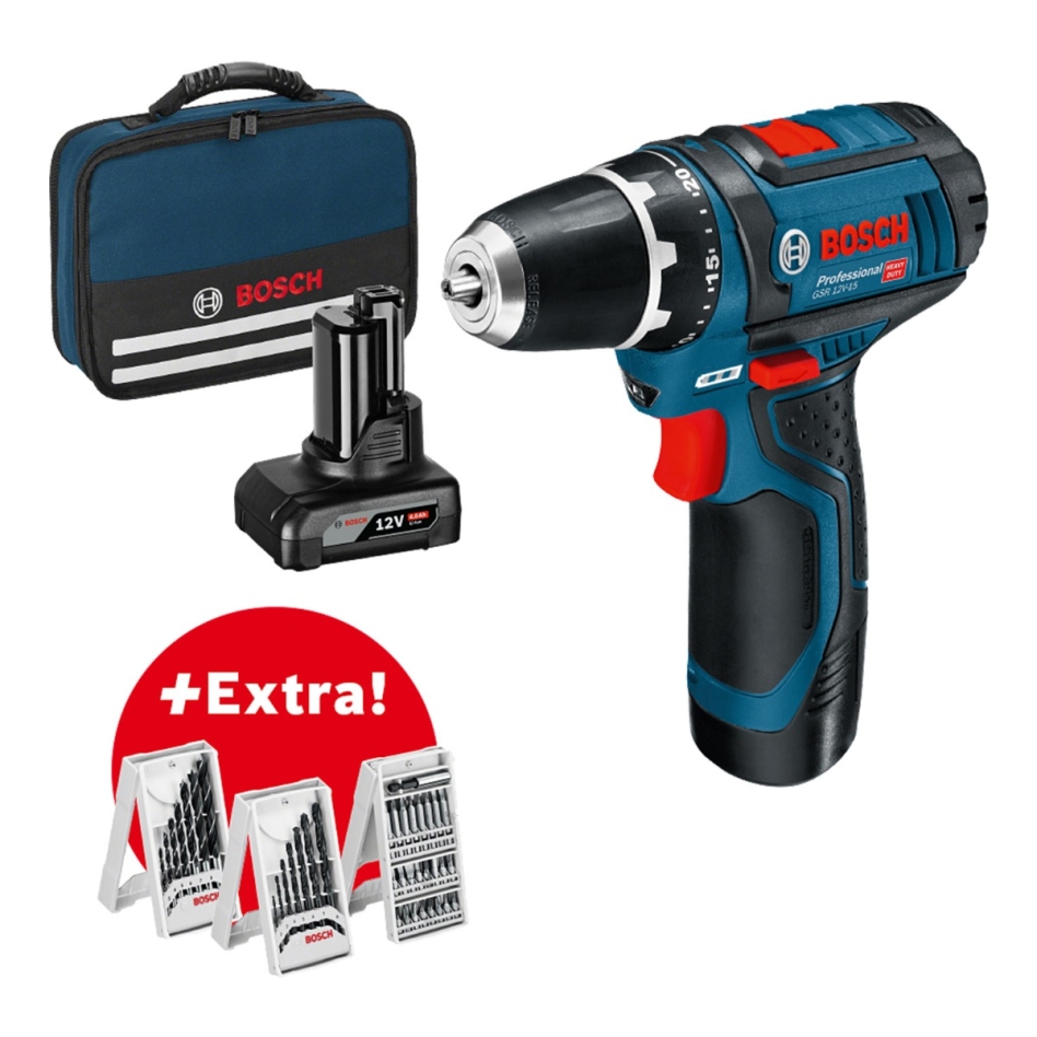 Bosch Blue 0615990G6L GSR 12V-15 Akumulatorska bušilica/odvijač 12V 2.0/4.0Ah Li-Ion + 39-dijelni set pribora u torbi