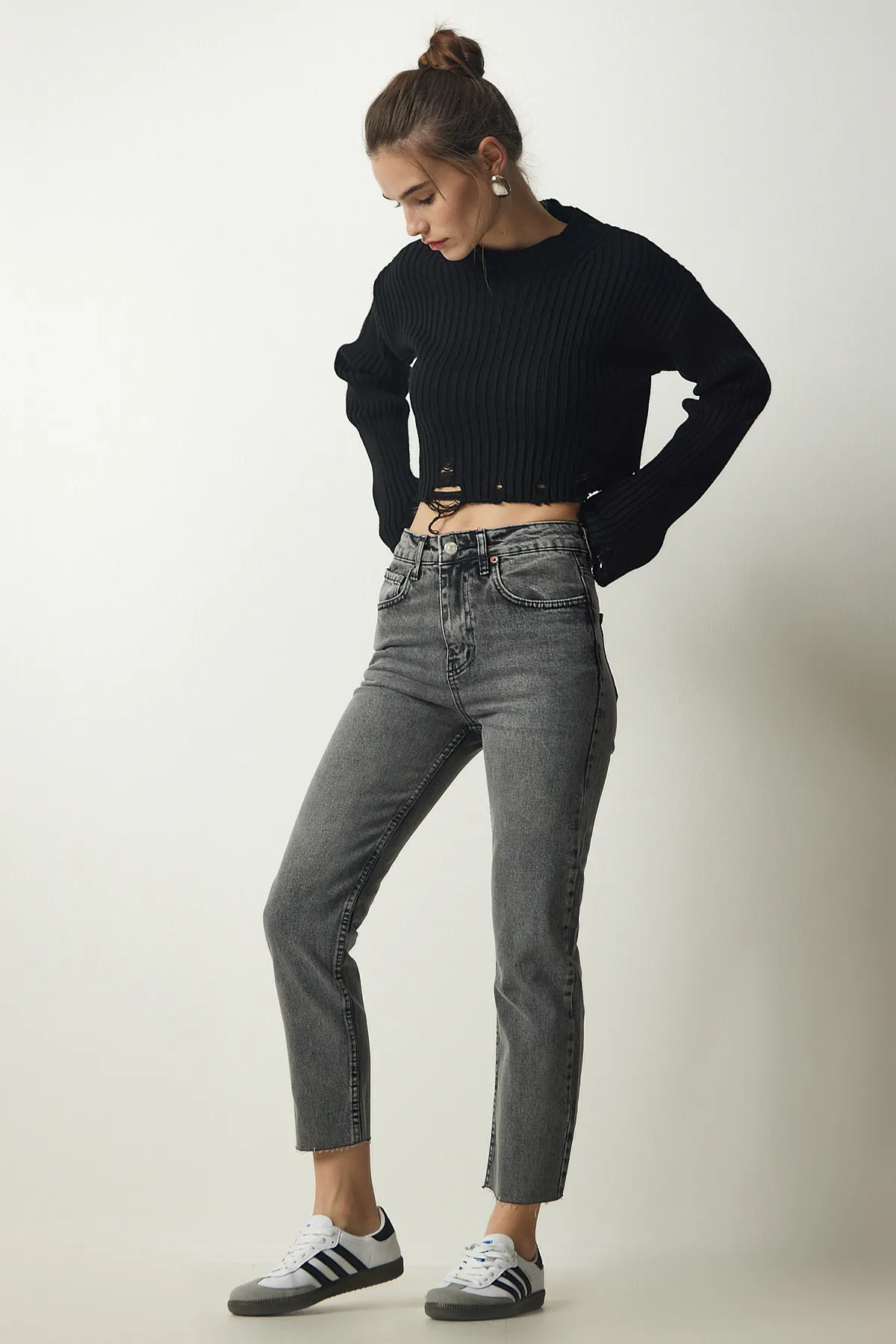 Happiness İstanbul  Graue Damen-Jeanshose mit hohem Bund CB00015