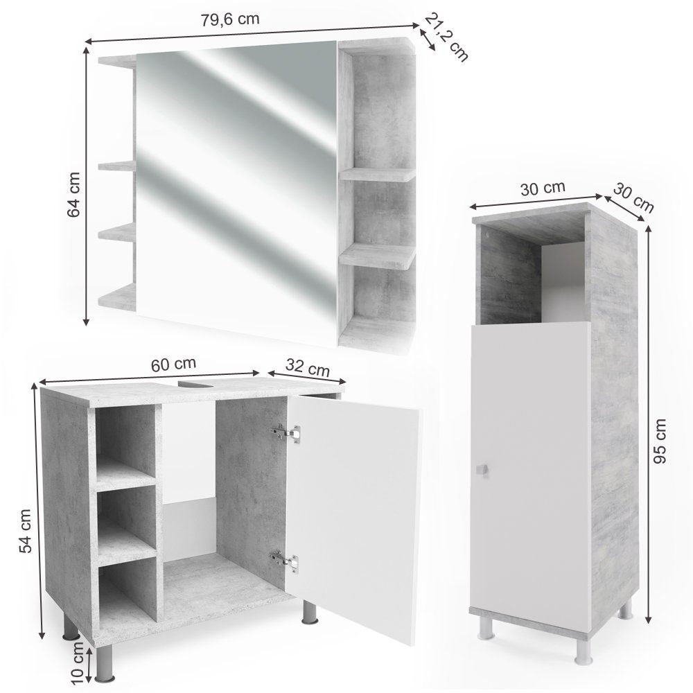 Vicco Badmöbel-Set Badezimmerset FYNN Beton Set 2, (3-St., 3-er Set)