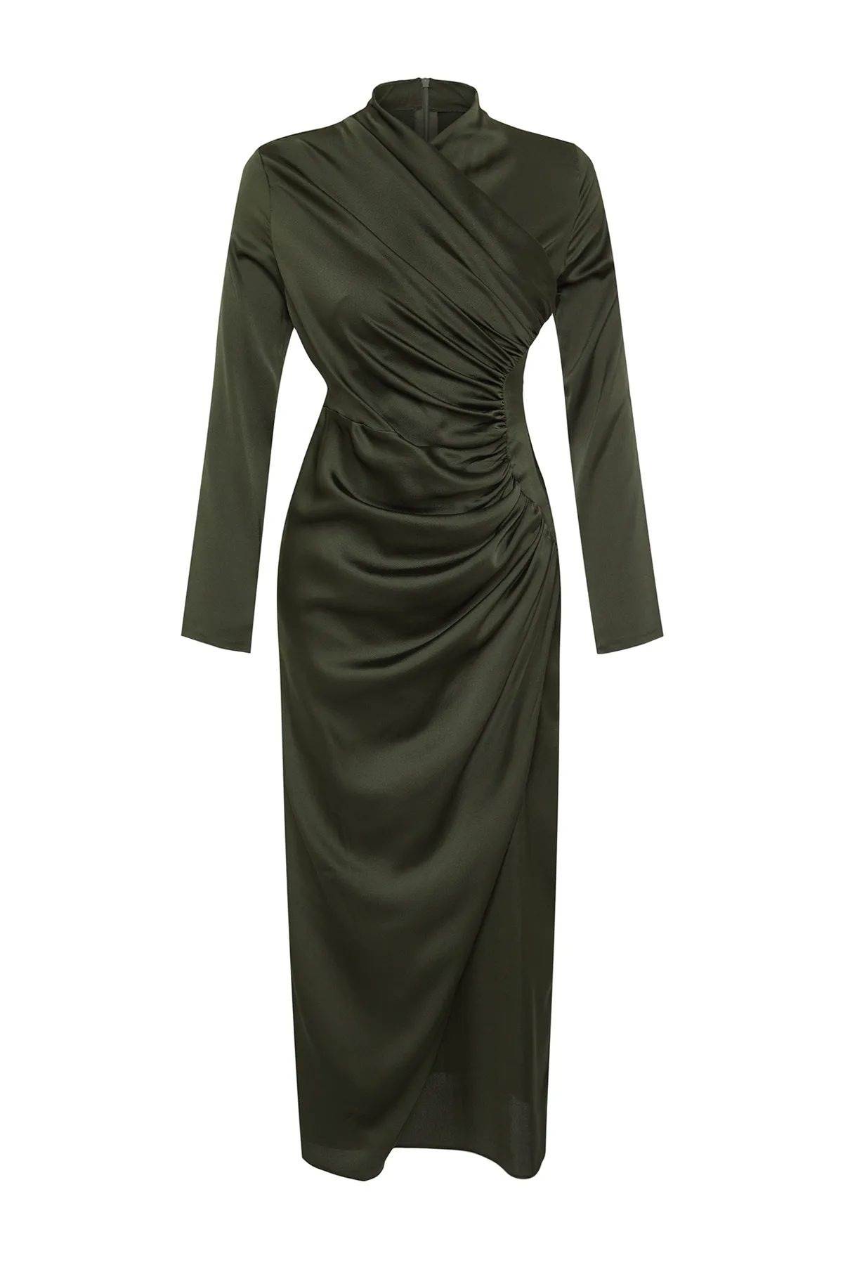 Trendyol Modest  Khakifarbenes Abendkleid aus gewebtem Satin mit Raffungen TCTSS24DB00037