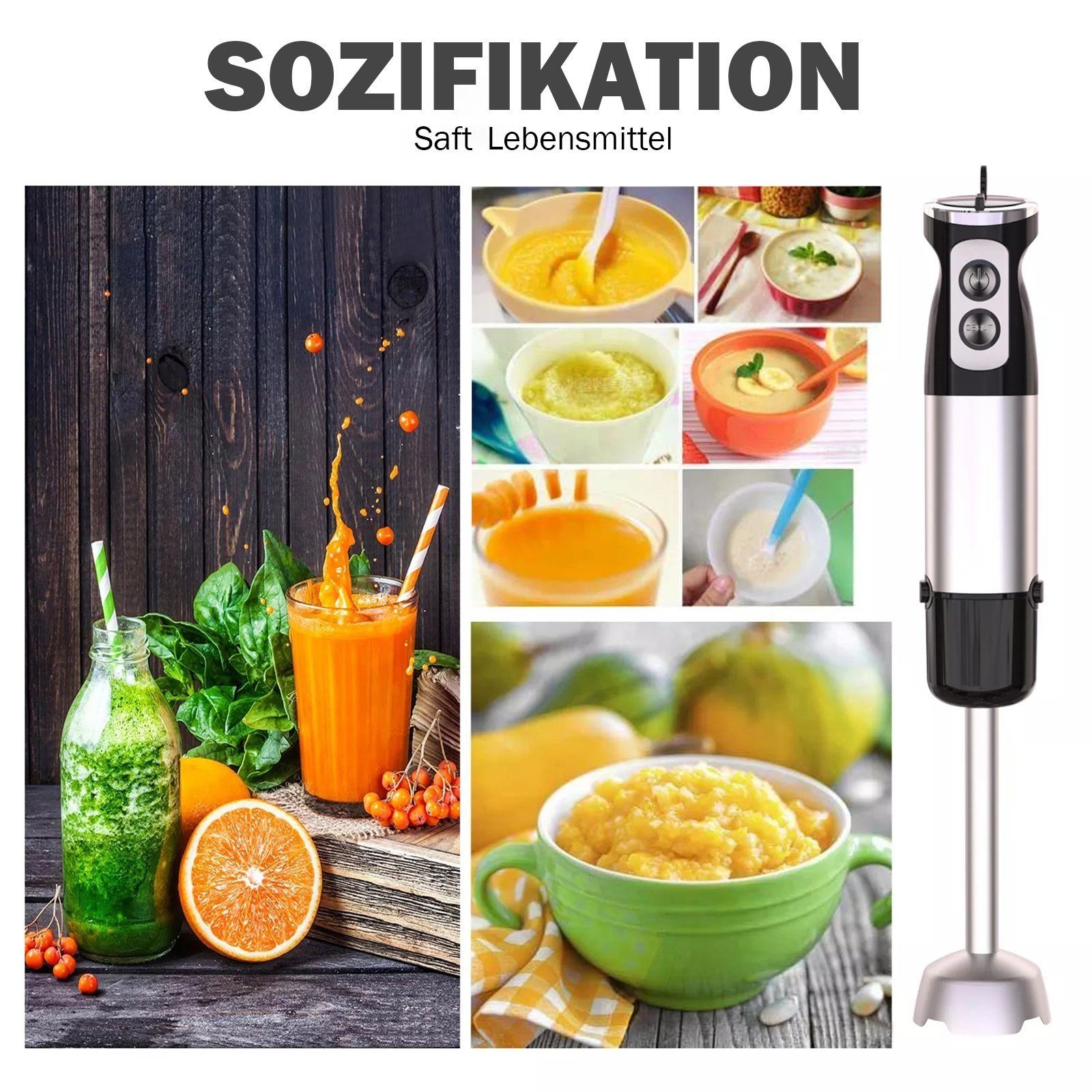 Yaviel Stabmixer Pürierstab Set Elektrische Kabellos 5 in 1 Mixstab Hand Blender Mixer, Edelstahl 1000w Handmixer Zauberstab mit 12 Geschwindigkeitsstufen