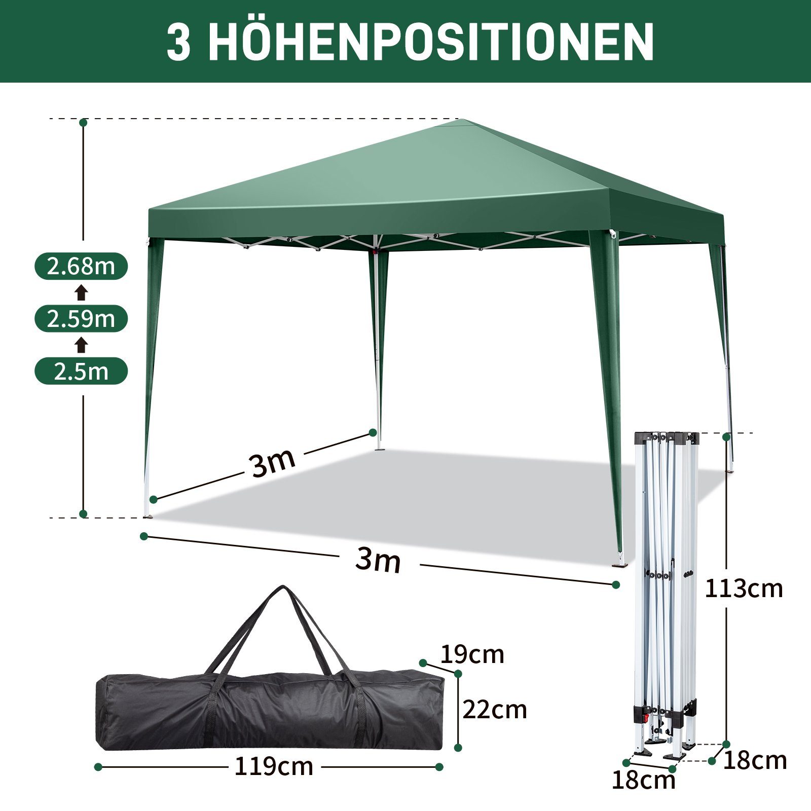 FCH Faltpavillon, 3x3m Pop-Up Pavillon,höhenverstellbar,inkl Tragetasche