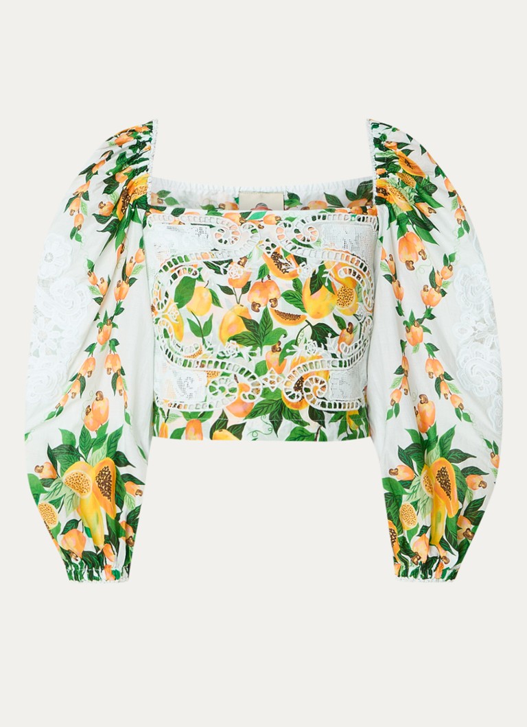 Farm Rio Papaya Salad crop top with print and openwork design