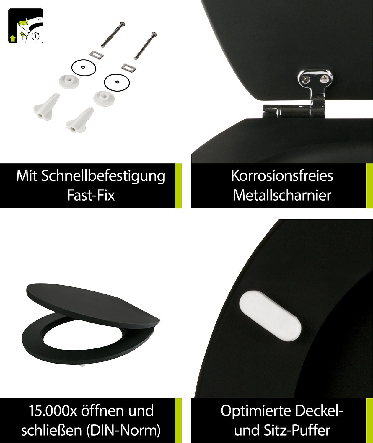 Sitzplatz WC-Sitz Einfarbig, Schwarz, Holzkern, Absenkautomatik, Soft Touch, Montage unten, 403955