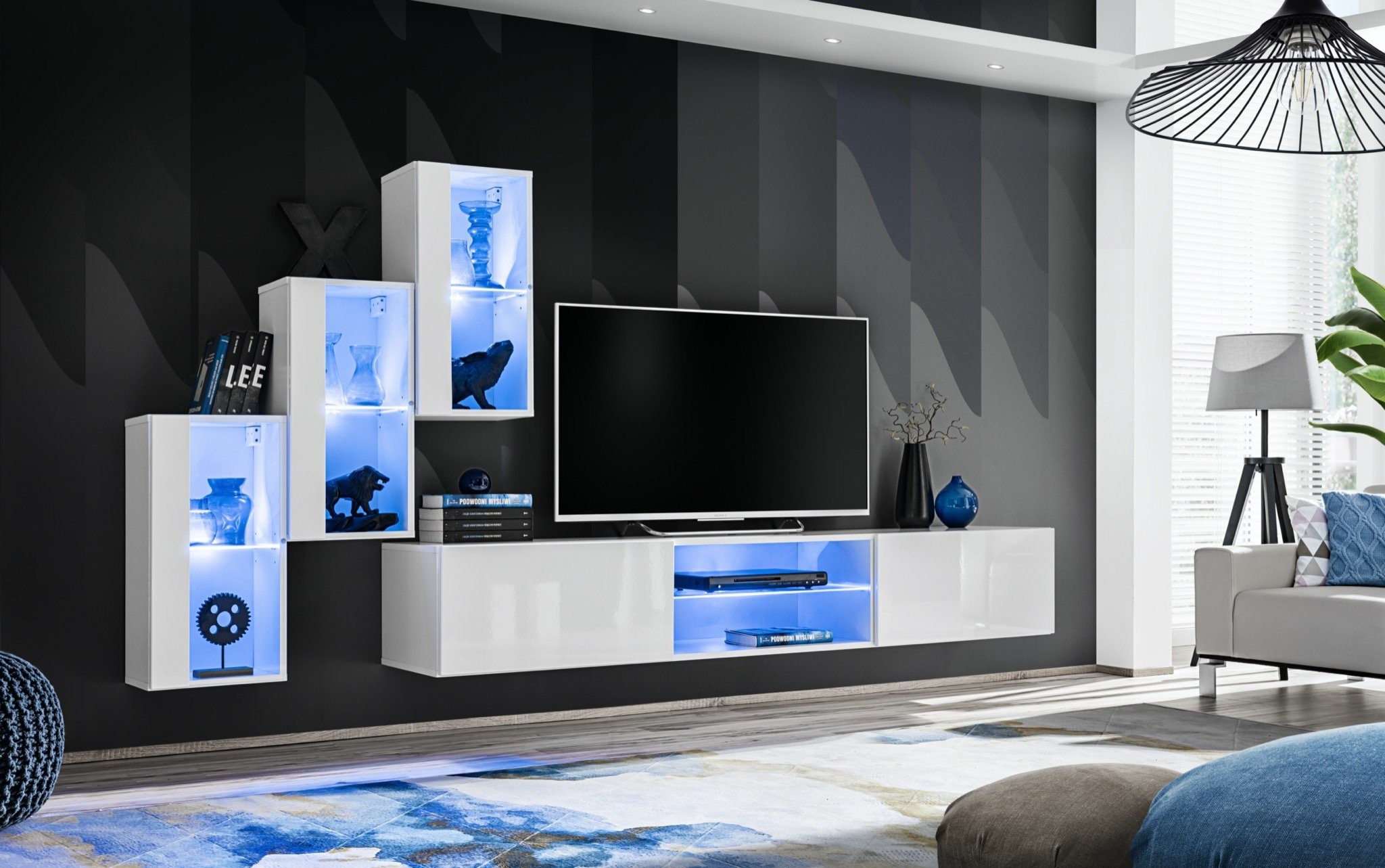 JVmoebel Wohnwand Luxus Wohnwand Neu Wohnzimmer Set 210 cm Einrichtung Modern, (4-St., TV Ständer + 3x Hänge Vitrine), LED beleuchtet