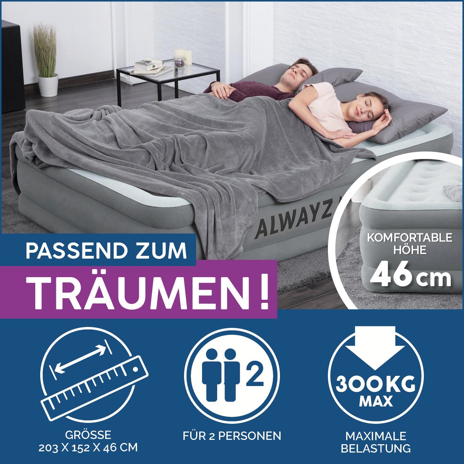 Bestway Luftbett AlwayzAire 2 Personen selbstaufblasend Nachtpumpe 203 x 152 x 46 cm