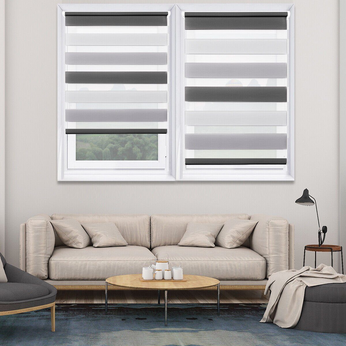 Doppelrollo ohne Bohren 130cm/150cm/230cm, OUBO, freihängend, verspannt, Klemmfix, Klemmträger, Für Fenster und Tür mit Klemmträger lichtdurchlässig verdunkelnd